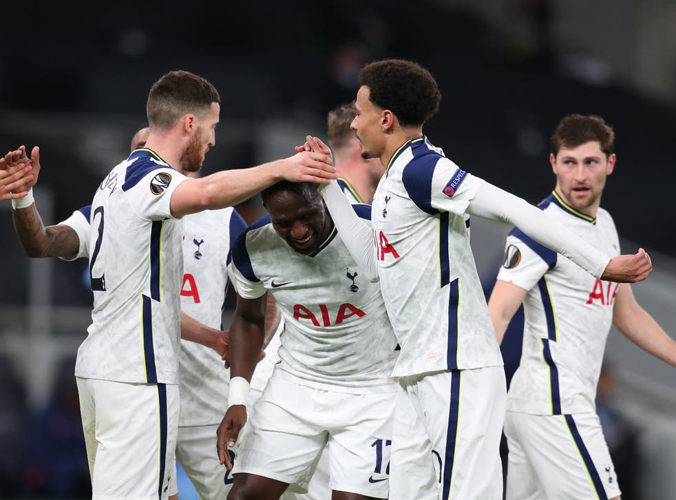 <p>Tottenham players celebrate during their second-leg win over Wolfsberger in the last 32</p>
