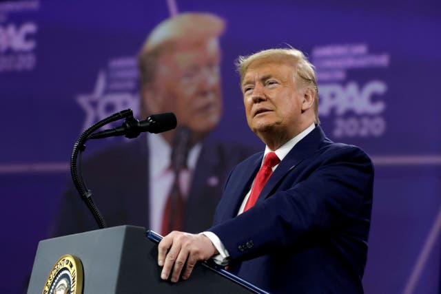 <p>El presidente de los Estados Unidos, Donald Trump, se dirige a la reunión anual de la Conferencia de Acción Política Conservadora (CPAC) en National Harbor en Oxon Hill, Maryland, EE. UU., 29 de febrero de 2020. </p>