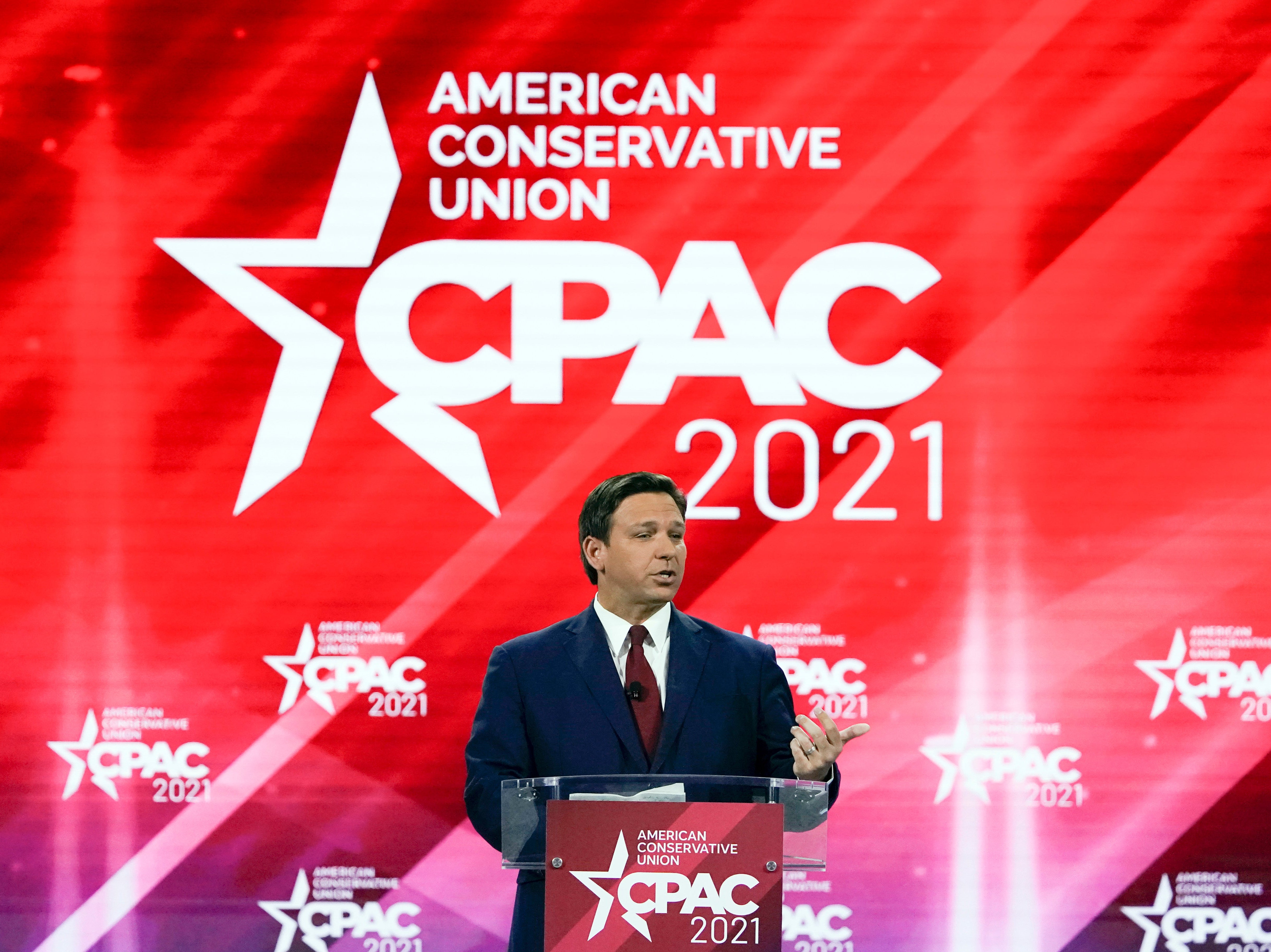 <p>Ron DeSantis addresses CPAC in Orlando, Florida</p>