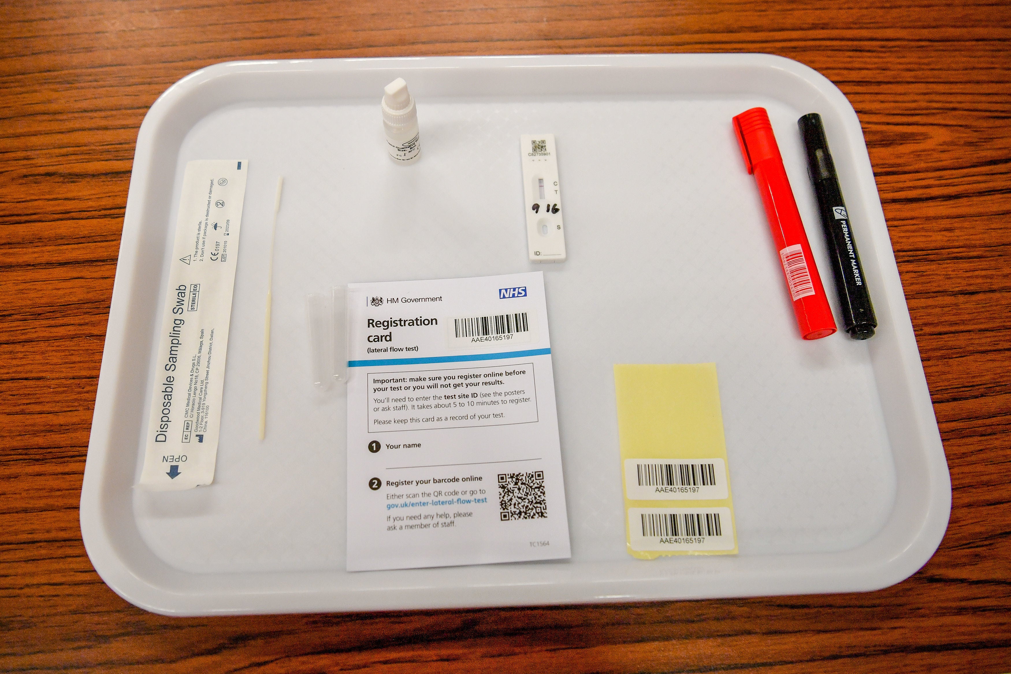 <p>A coronavirus test kit is shown at a leisure centre in Merthyr Tydfil, Wales. </p>
