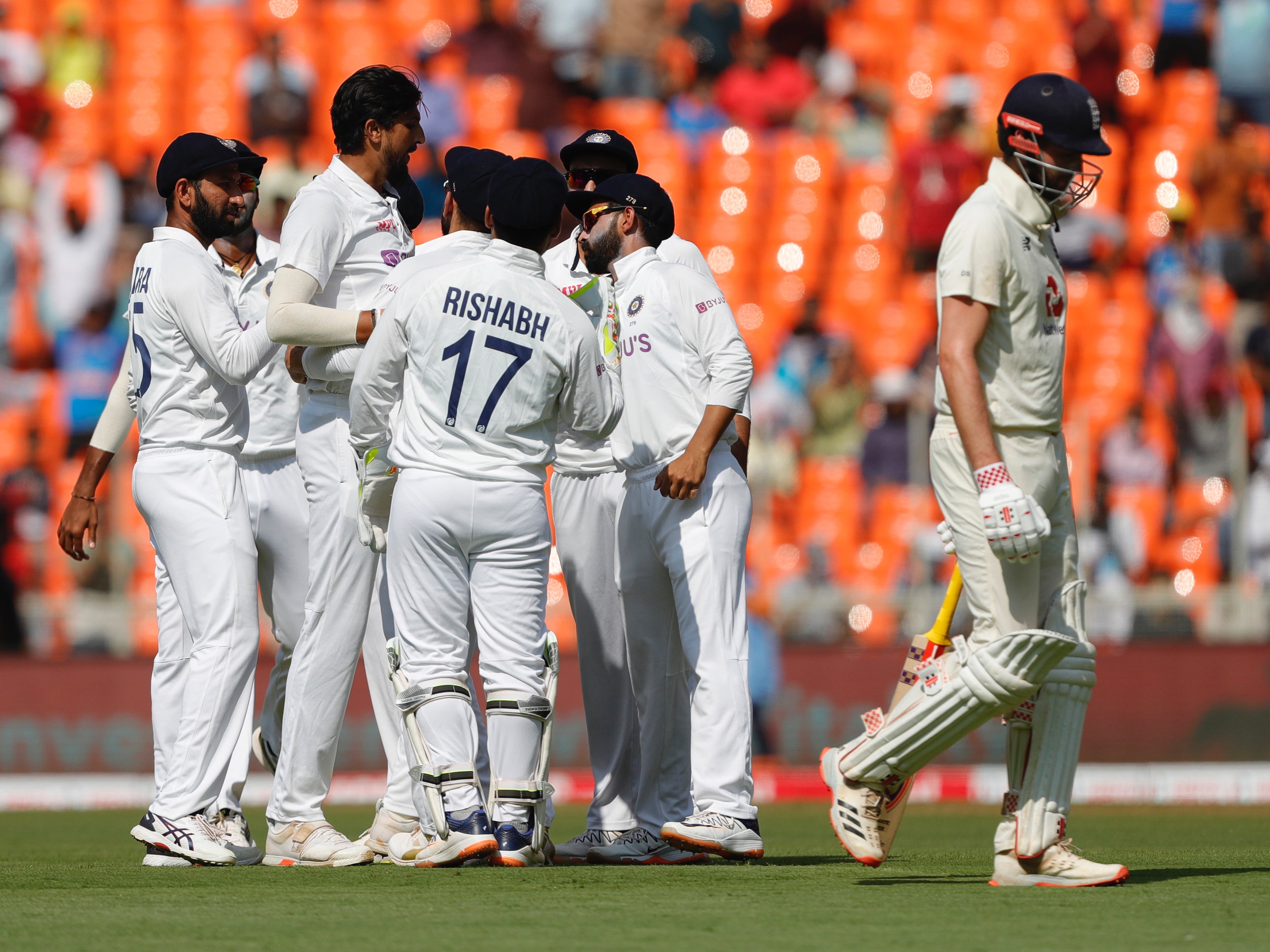 India team celebrate the wicket of Dom Sibley