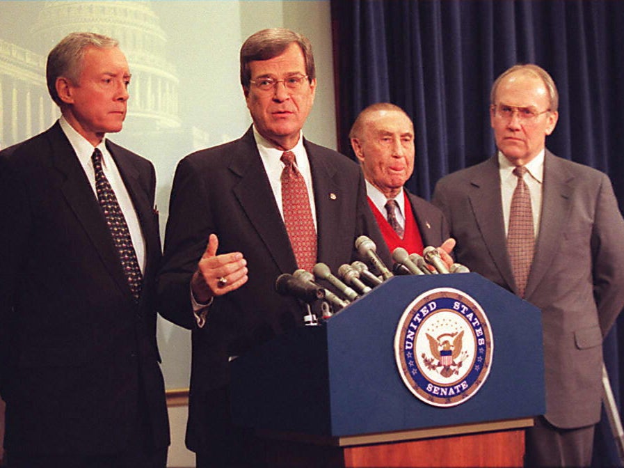 Senate Majority Leader Trent Lott introduces Senators Orrin Hatch of Utah, Strom Thurmond of South Carolina, and Larry Craig of Idaho on 27 January 1997. 