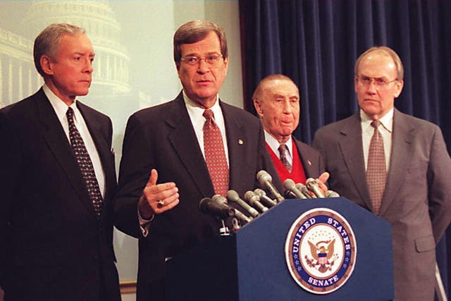 Senate Majority Leader Trent Lott introduces Senators Orrin Hatch of Utah, Strom Thurmond of South Carolina, and Larry Craig of Idaho on 27 January 1997. 