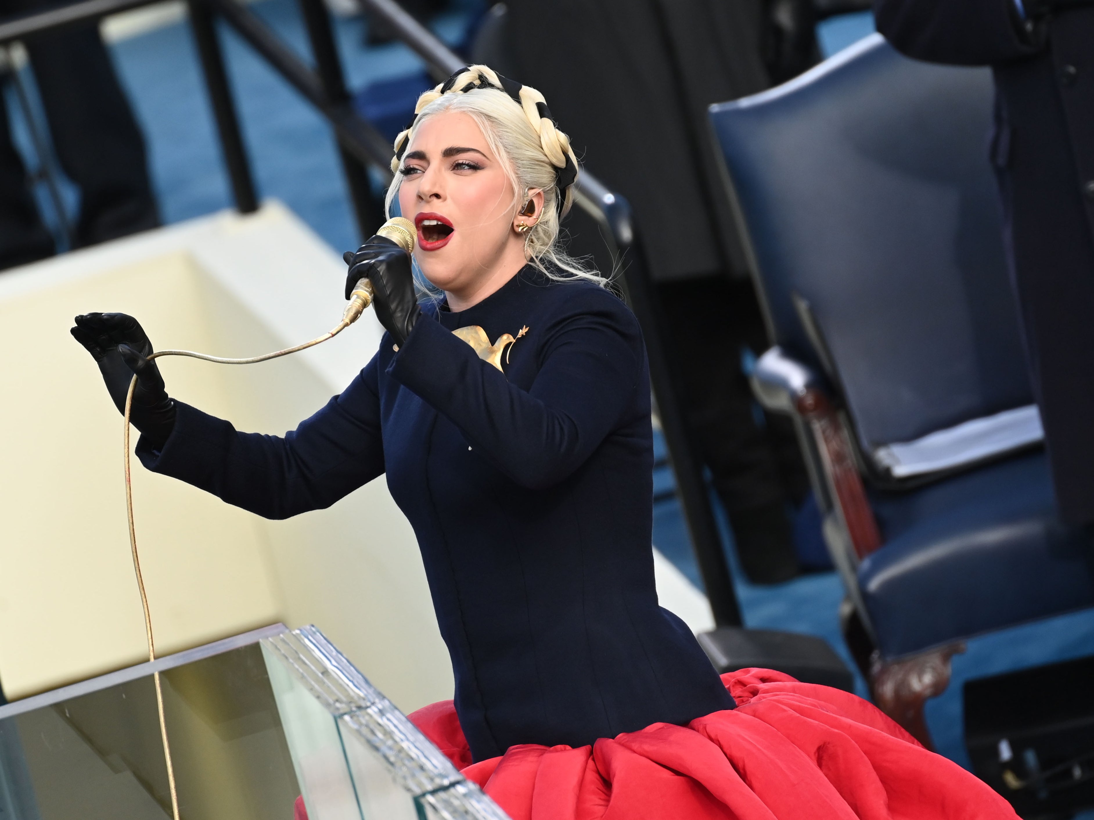 Lady Gaga sings the US national anthem at Joe Biden’s inauguration on 20 January 2021 in Washington, DC