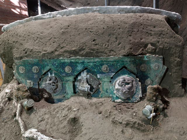 <p>The ceremonial chariot was uncovered in a porch at a Roman villa outside the walls of Pompeii</p>