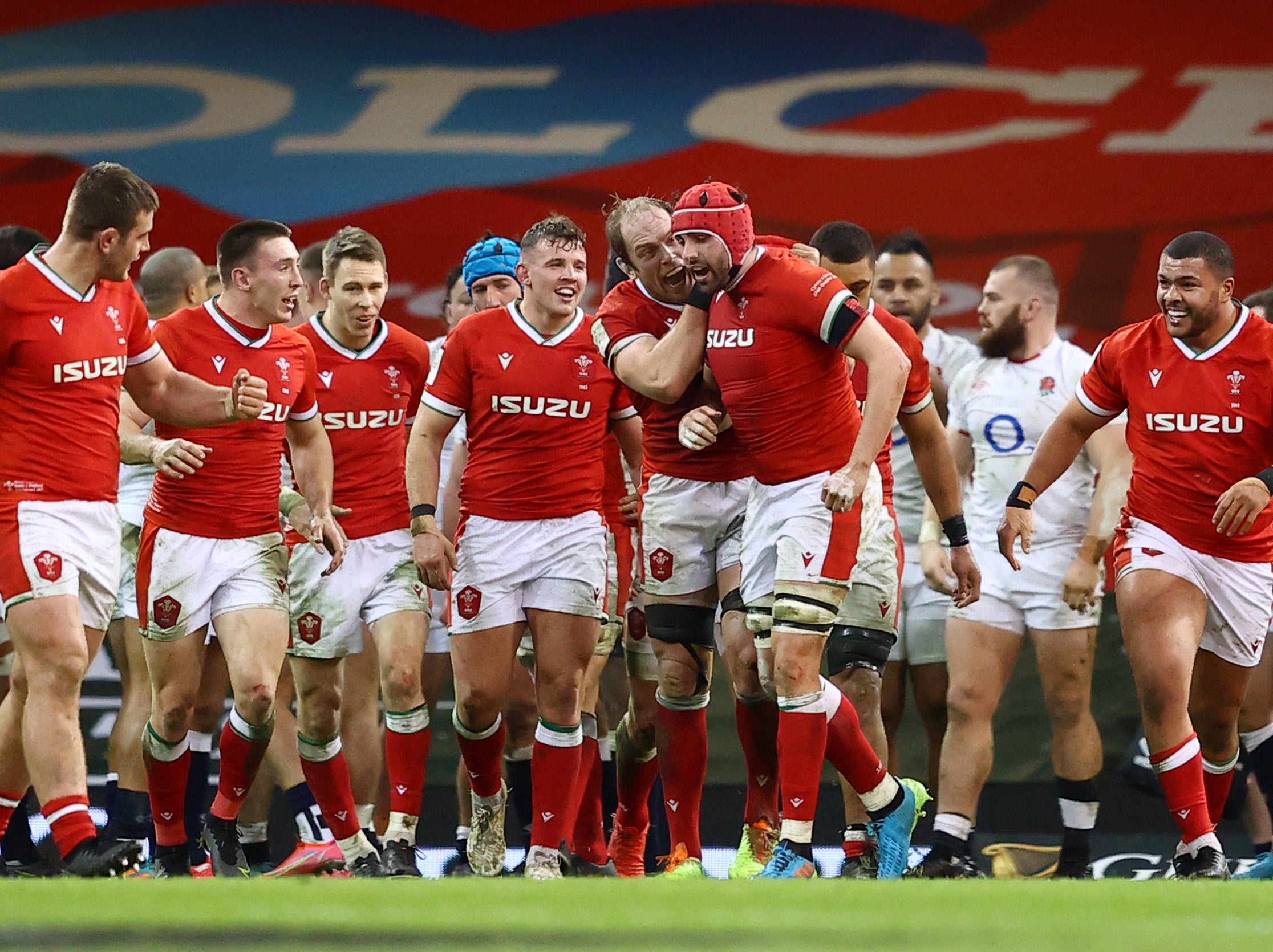 <p>Wales’ players celebrate victory</p>