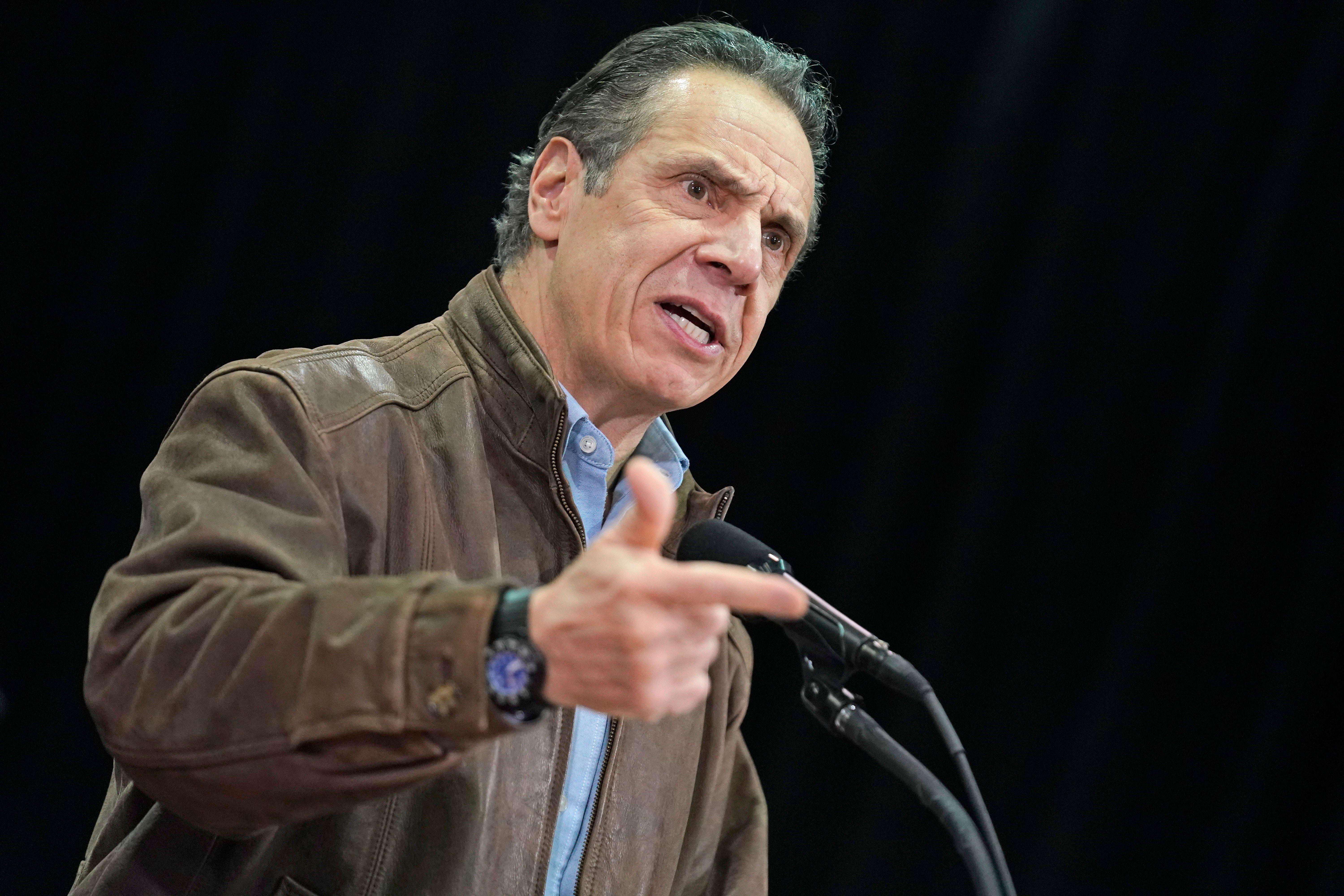 New York Governor Andrew Cuomo speaks during a press conference before the opening of a mass Covid-19 vaccination site in the Queens borough of New York, on 24 February, 2021. The governor is facing accusations of sexual harassment from two former aides.