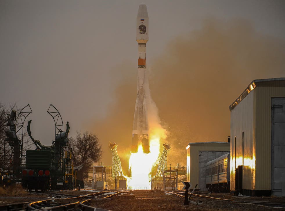 Russian Soyuz-2.1b booster rocket with the Fregat upper stage and the first Arktika-M spacecraft for monitoring climate and environment in the Arctic region, during lift-off