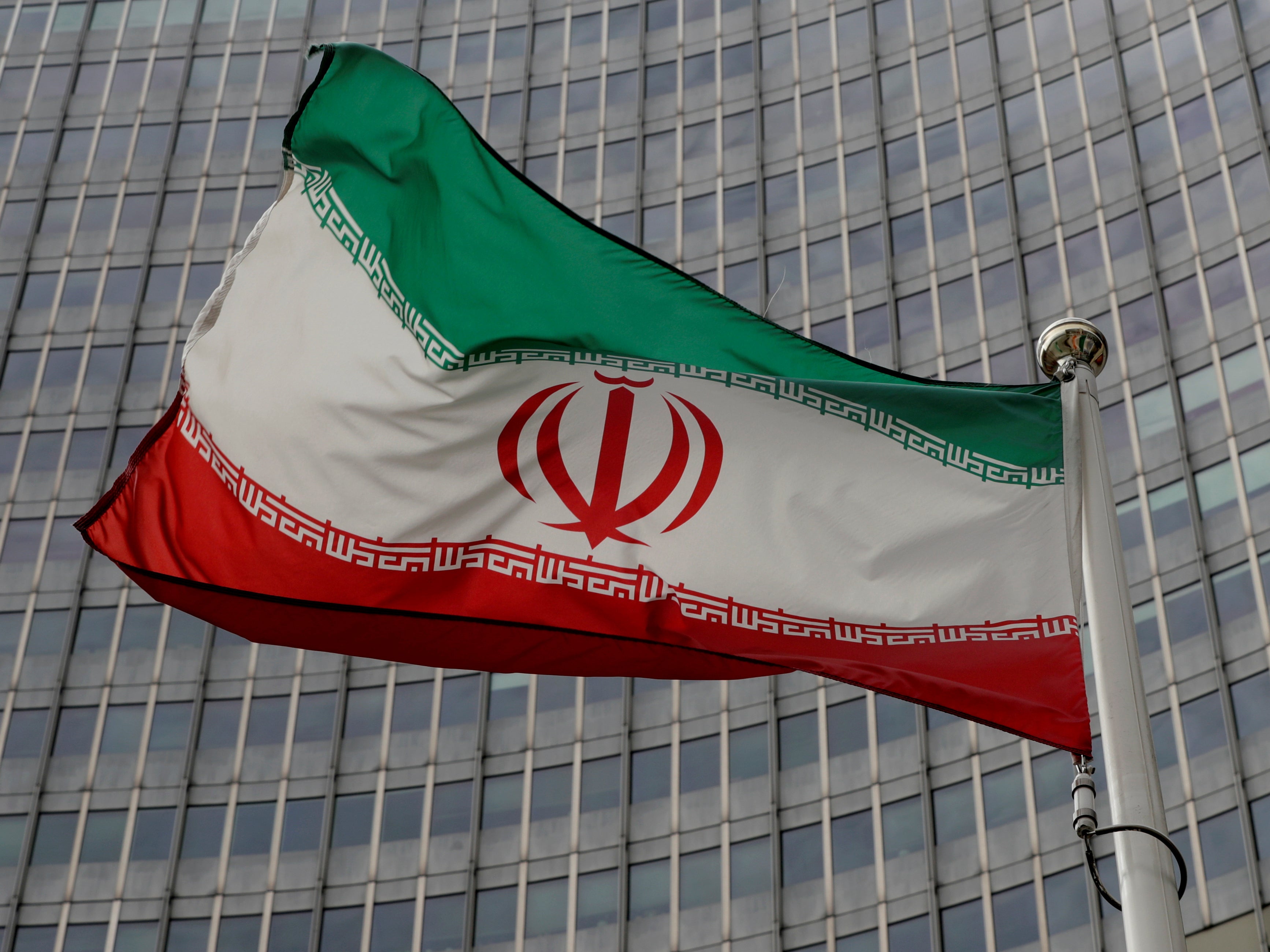 An Iranian flag at the International Atomic Energy Agency (IAEA) headquarters in Vienna, Austria