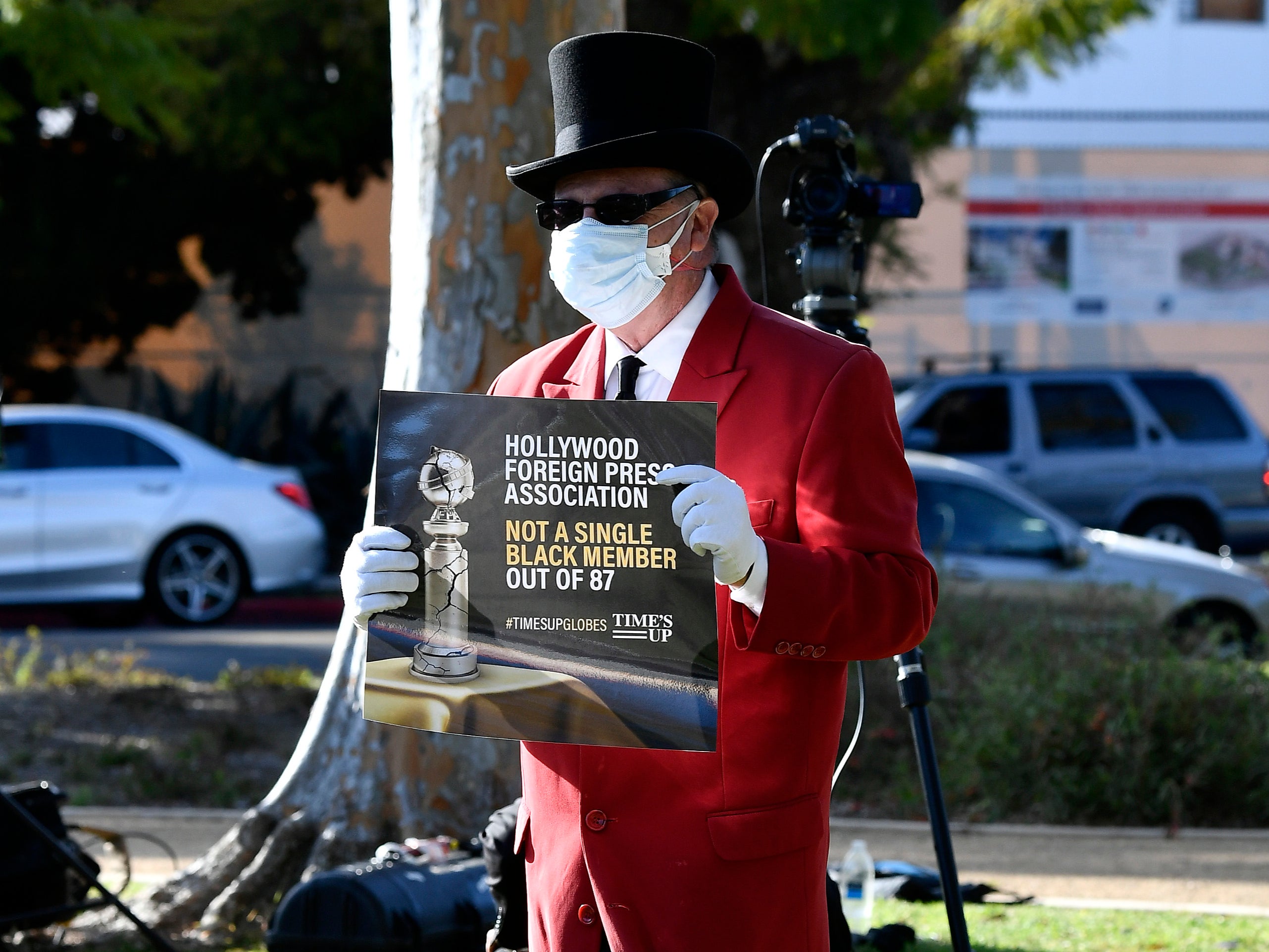 A protester at the Beverly Hilton on 28 February 2021