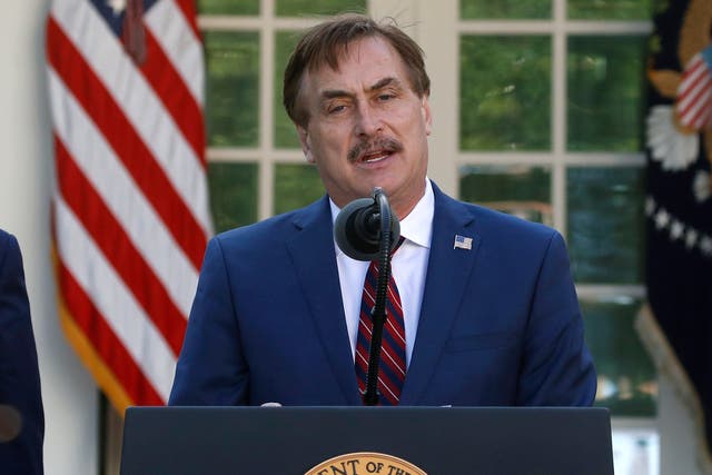  In this March 30, 2020 file photo, My Pillow CEO Mike Lindell speaks in the Rose Garden of the White House in Washington. Dominion Voting Systems filed a $1.3 billion defamation lawsuit Monday, Feb. 22, 2021, against Lindell, the founder and CEO of Minnesota-based MyPillow, saying that Lindell falsely accused the company of rigging the 2020 presidential election