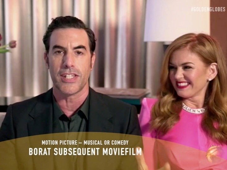 Sacha Baron-Cohen accepts his award for Best Motion Picture, Comedy or Musical (Borat 2)