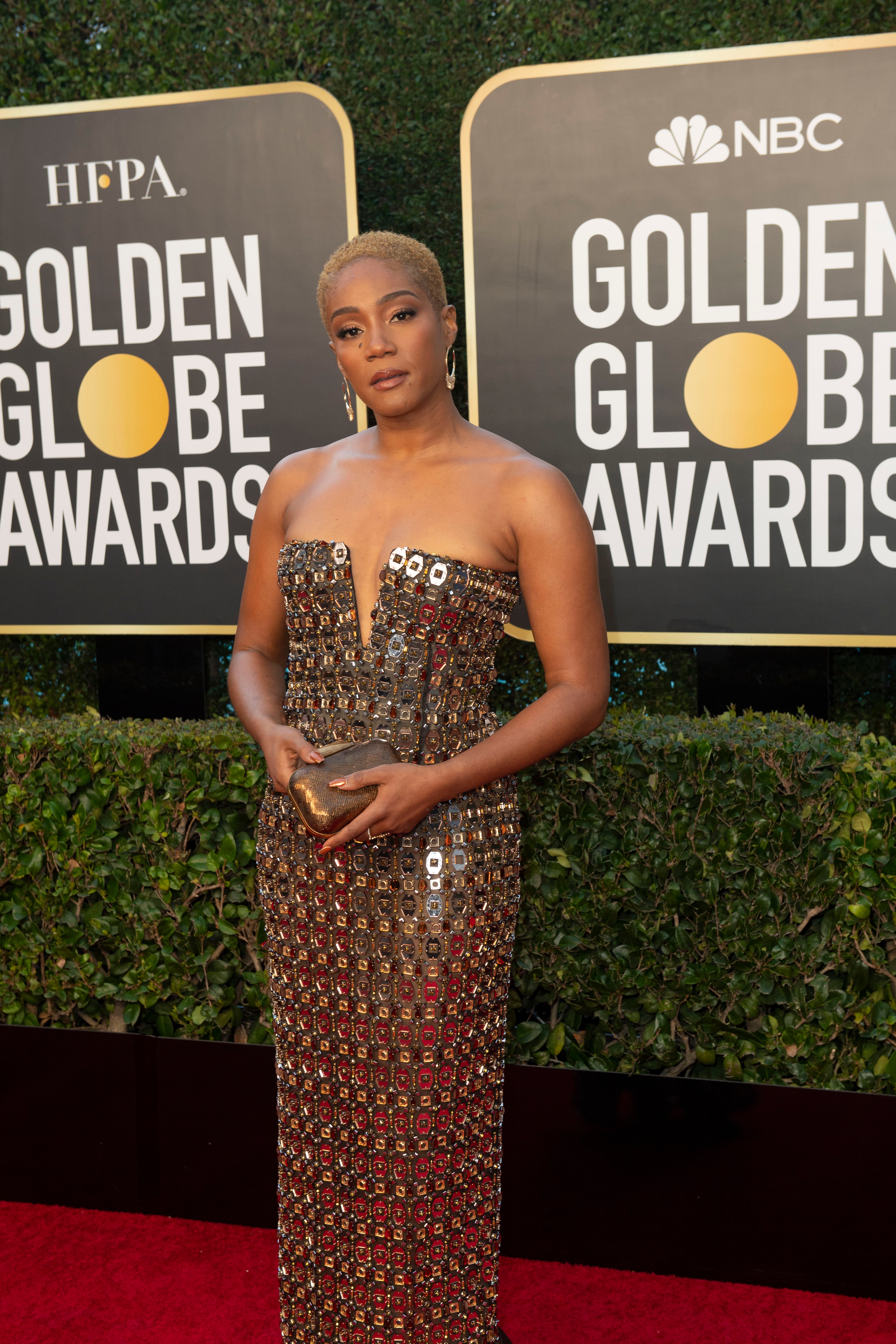 Tiffany Haddish arrives at the 78th Annual Golden Globe Awards at the Beverly Hilton in Beverly Hills, CA on Sunday, February 28, 2021.