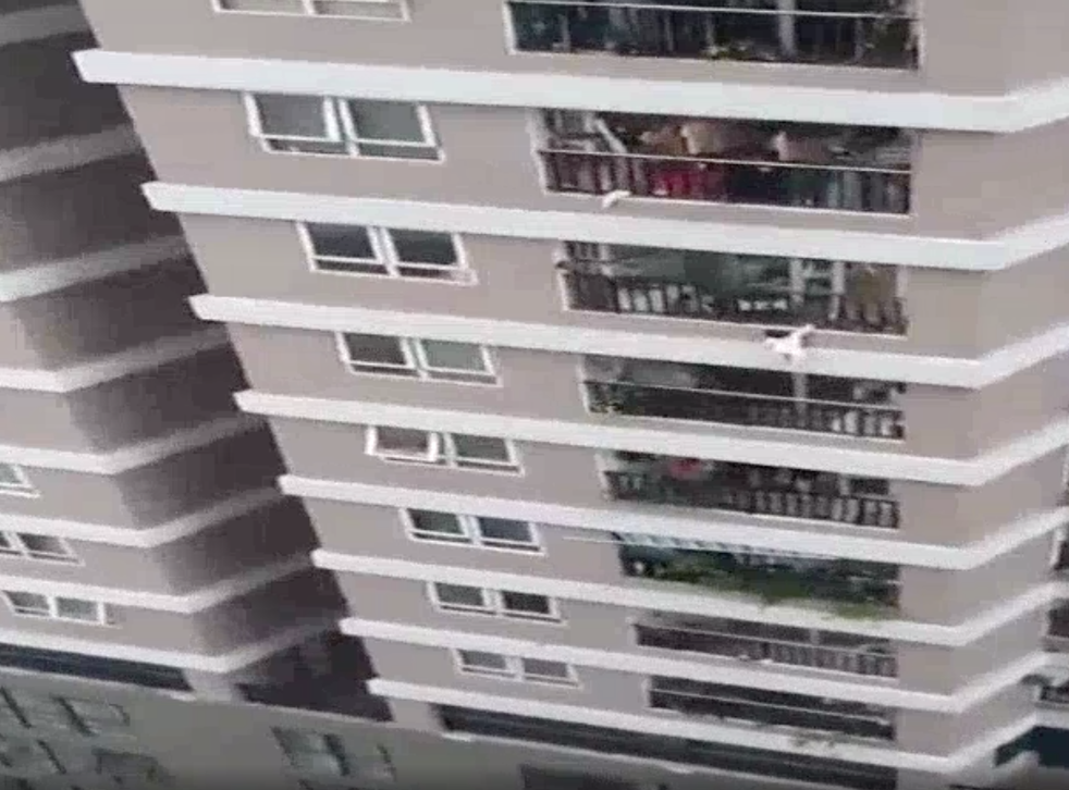 <p>Screengrab from a short video where the girl can be seen hanging from the balcony before she falls</p>