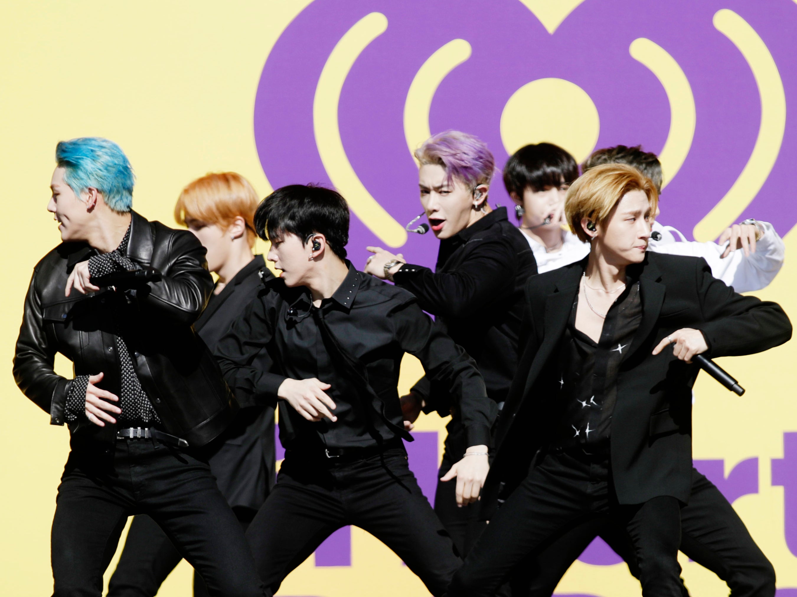 K-pop group Monsta X perform onstage at the 2019 iHeartRadio festival in Las Vegas