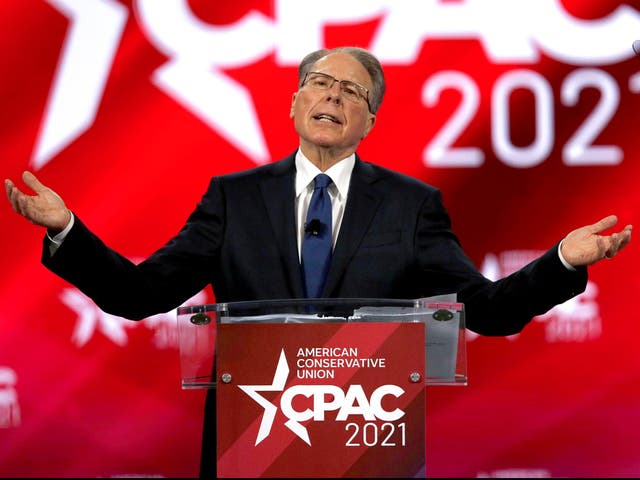 <p>Wayne LaPierre, executive vice president of the National Rifle Association, at CPAC 2021</p>