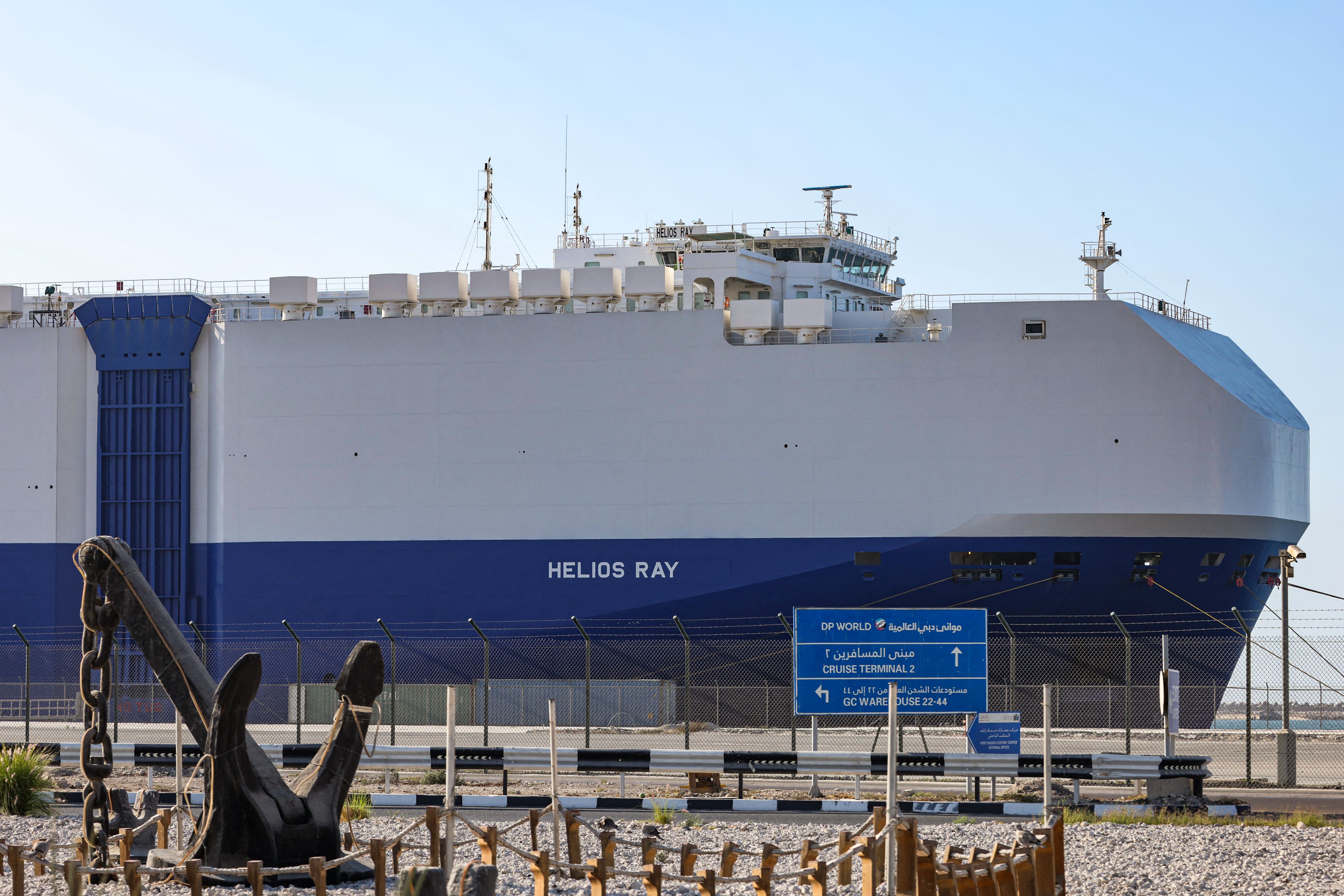 The MV Helios Ray cargo ship docked in Dubai’s Mina Rashid (Port Rashid)