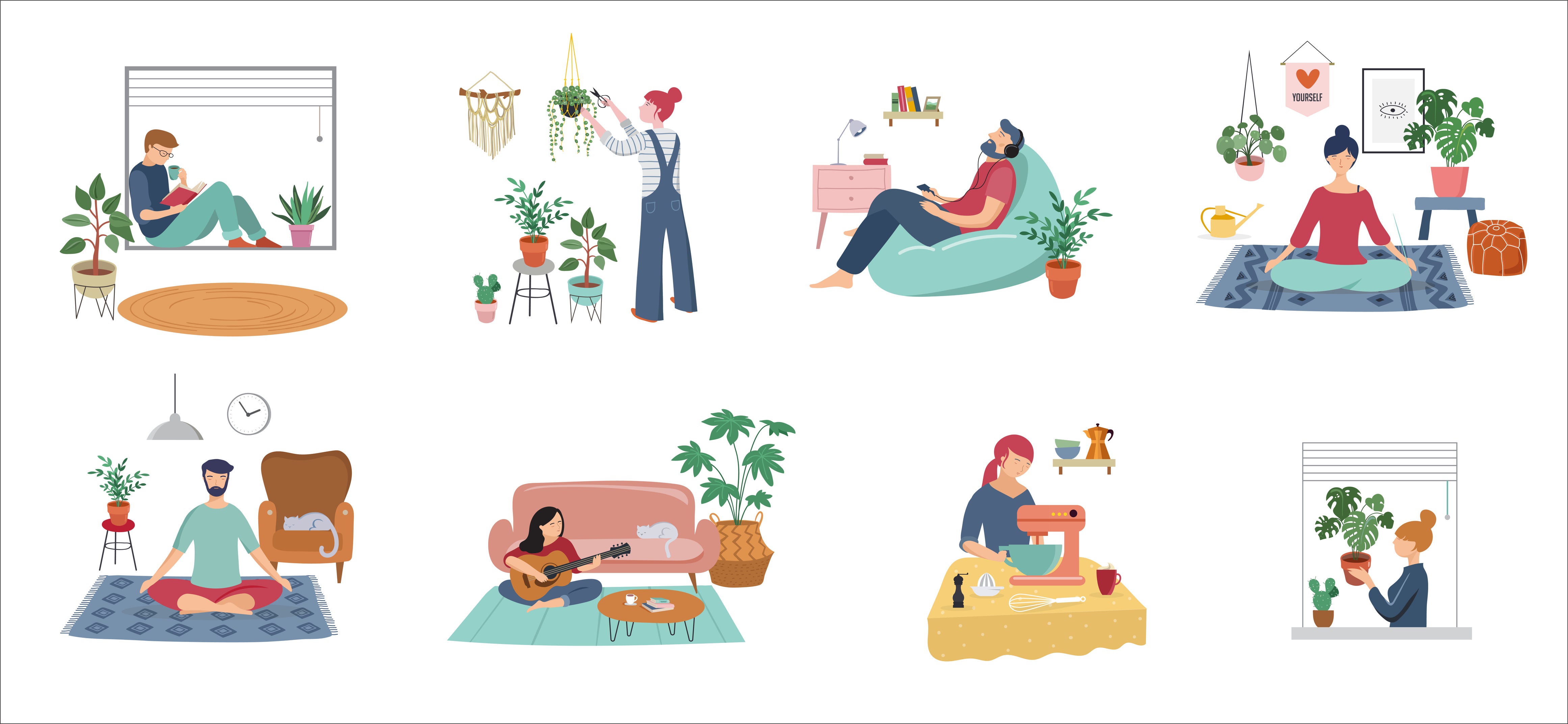 Illustrated image of people relaxing at home doing various activities