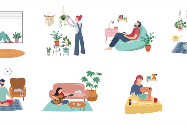 Illustrated image of people relaxing at home doing various activities