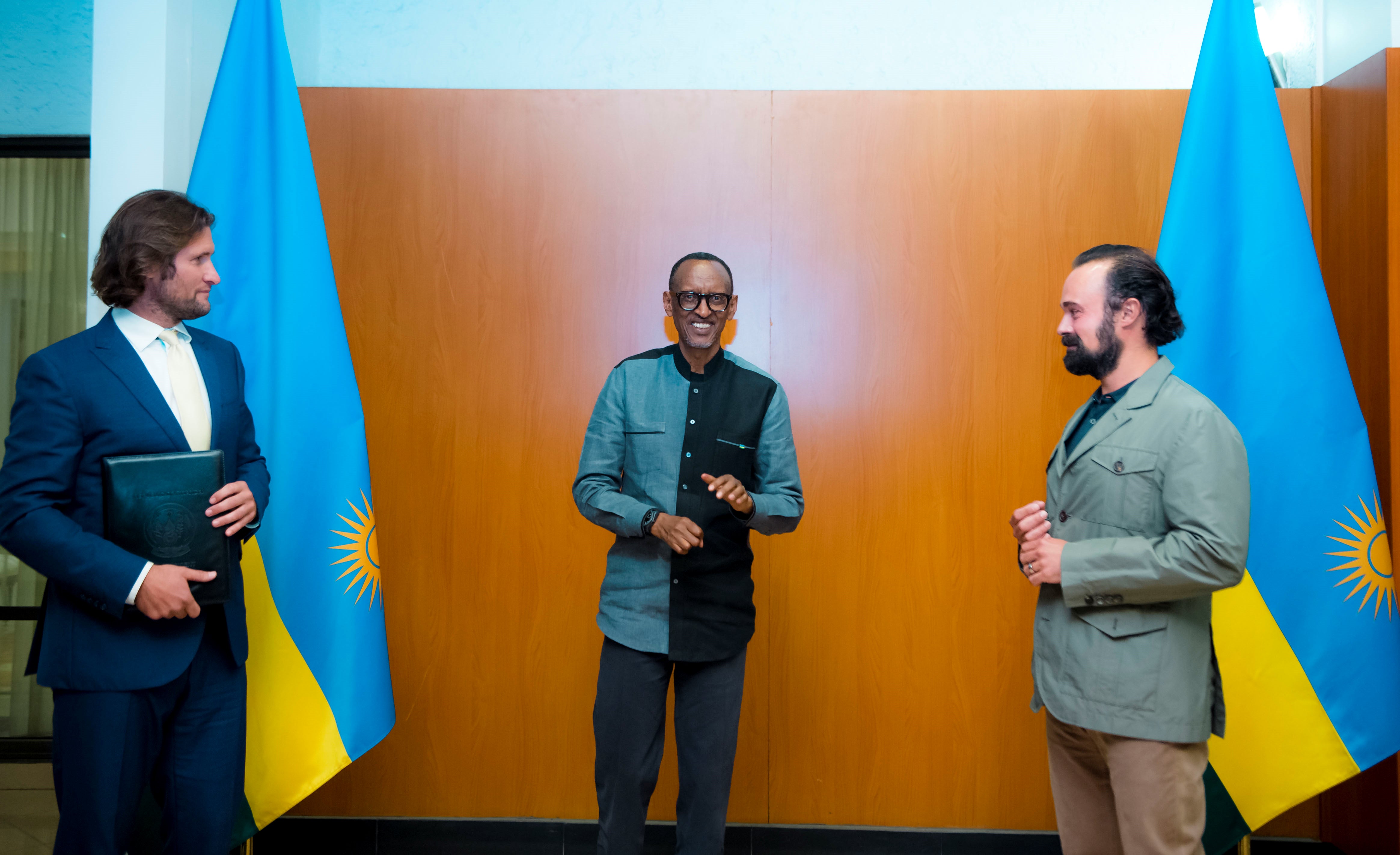 Evgeny Lebedev and Dr Max Graham with Paul Kagame in Kigali