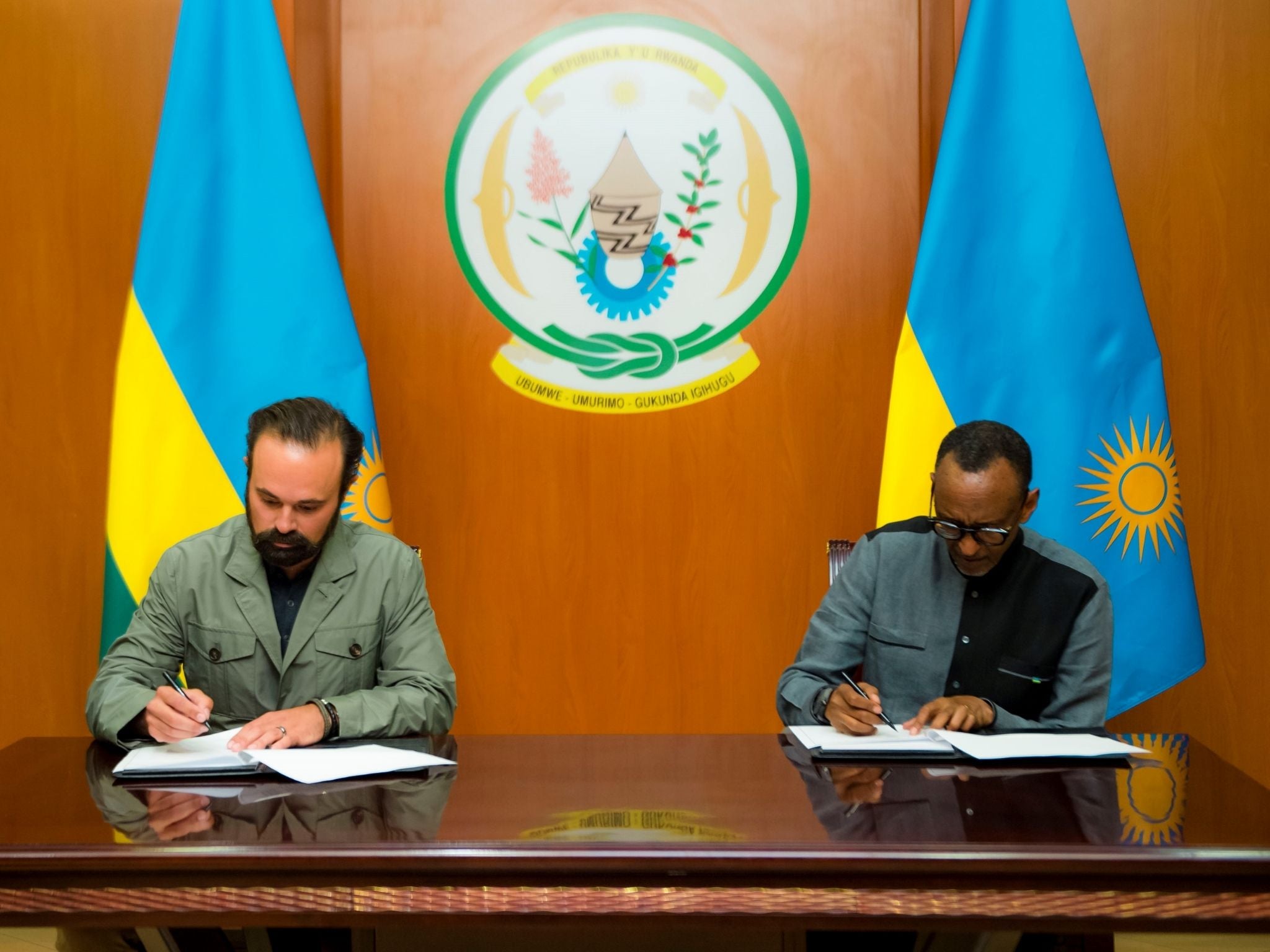 Evgeny Lebedev with Paul Kagame at a signing ceremony to officially welcome Rwanda to Giants Club