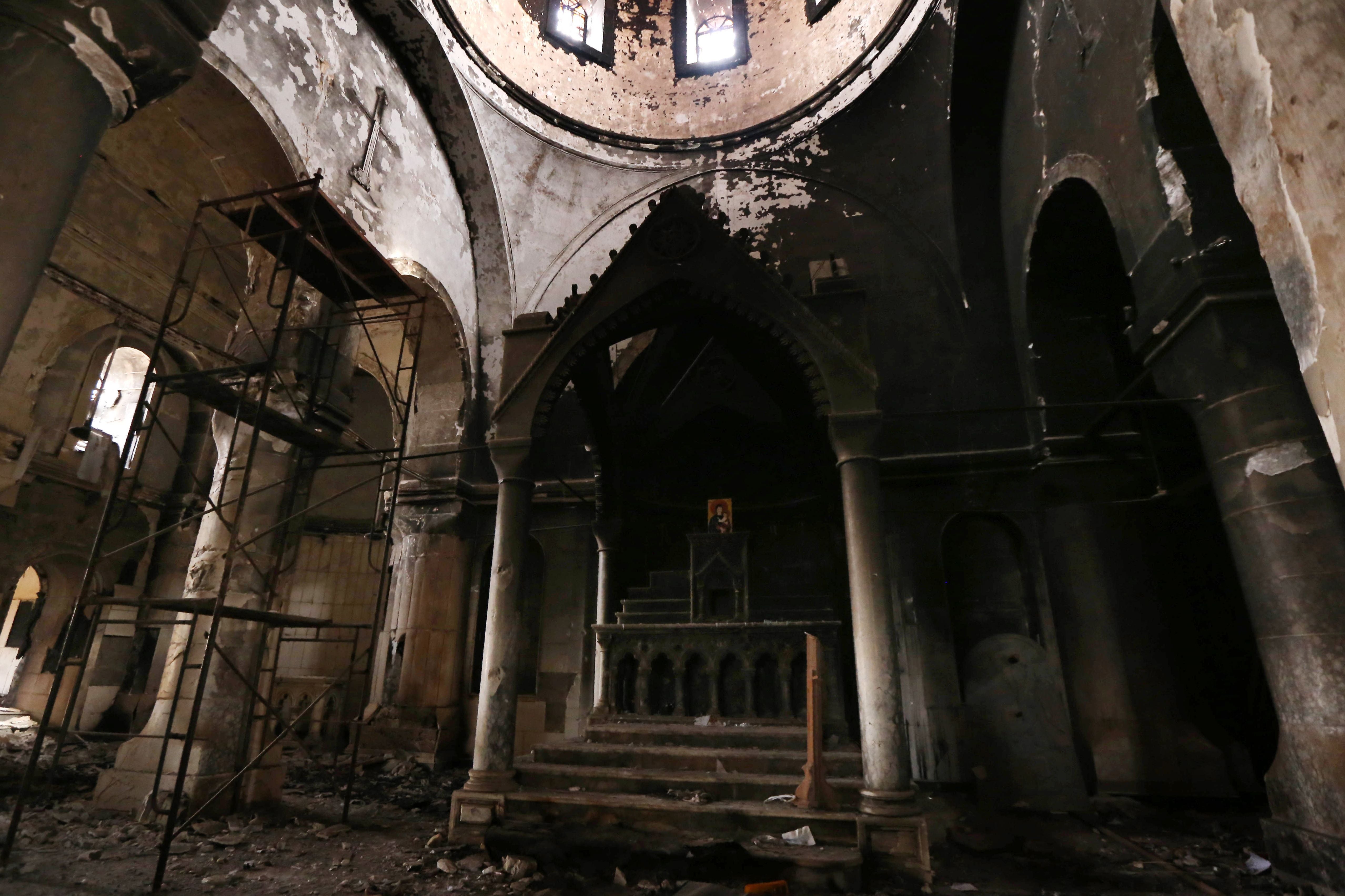 The fire damage inside the Immaculate Church in the town of Qaraqosh. Iraqi forces recaptured it from Isis