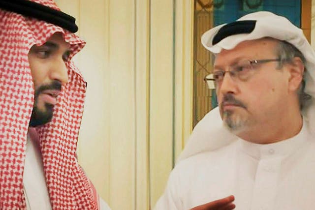 <p>Khashoggi and MBS in a still from the film</p>
