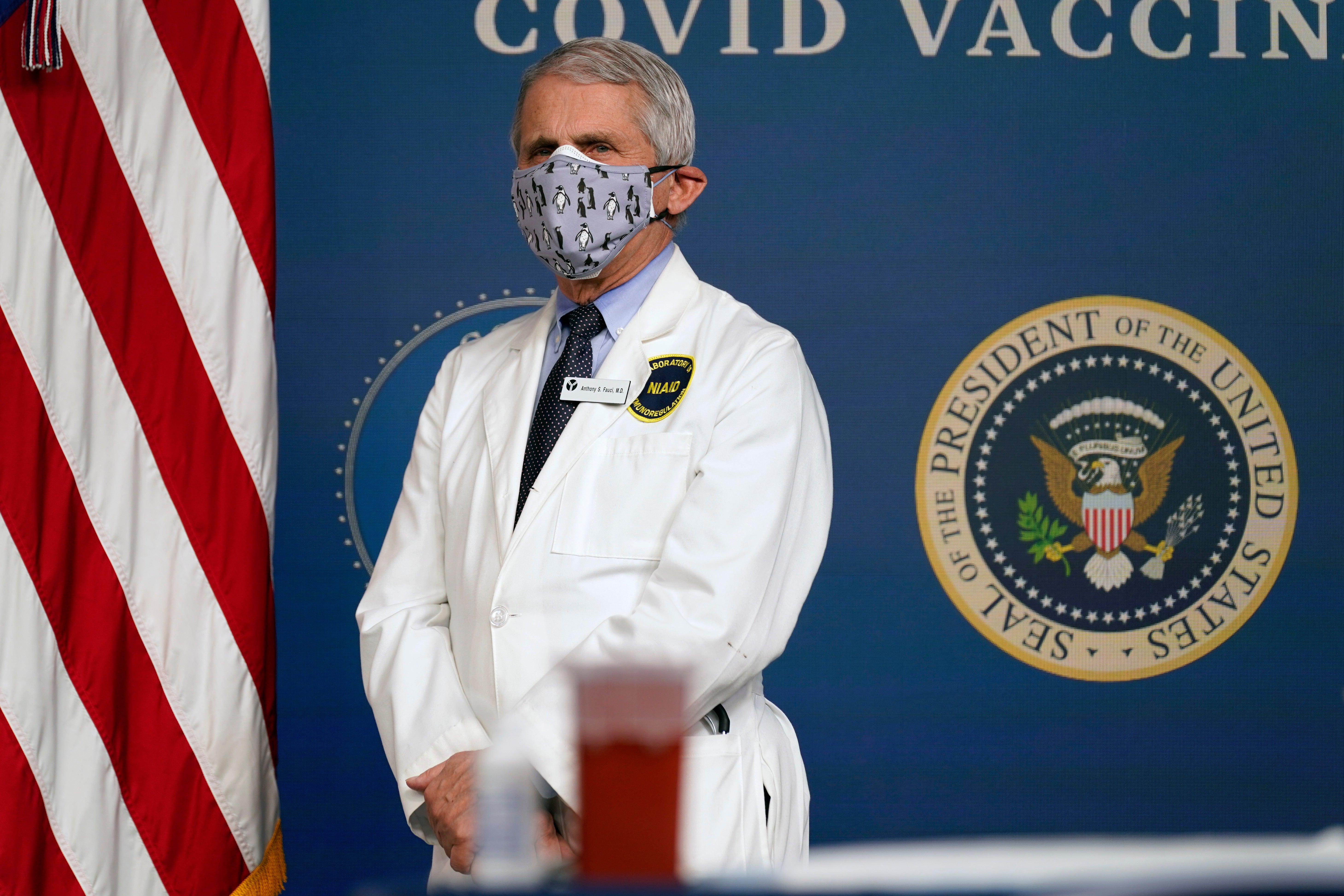 Dr. Anthony Fauci, director of the National Institute of Allergy and Infectious Diseases, in the South Court Auditorium on the White House campus, Thursday, Feb. 25, 2021, in Washington.