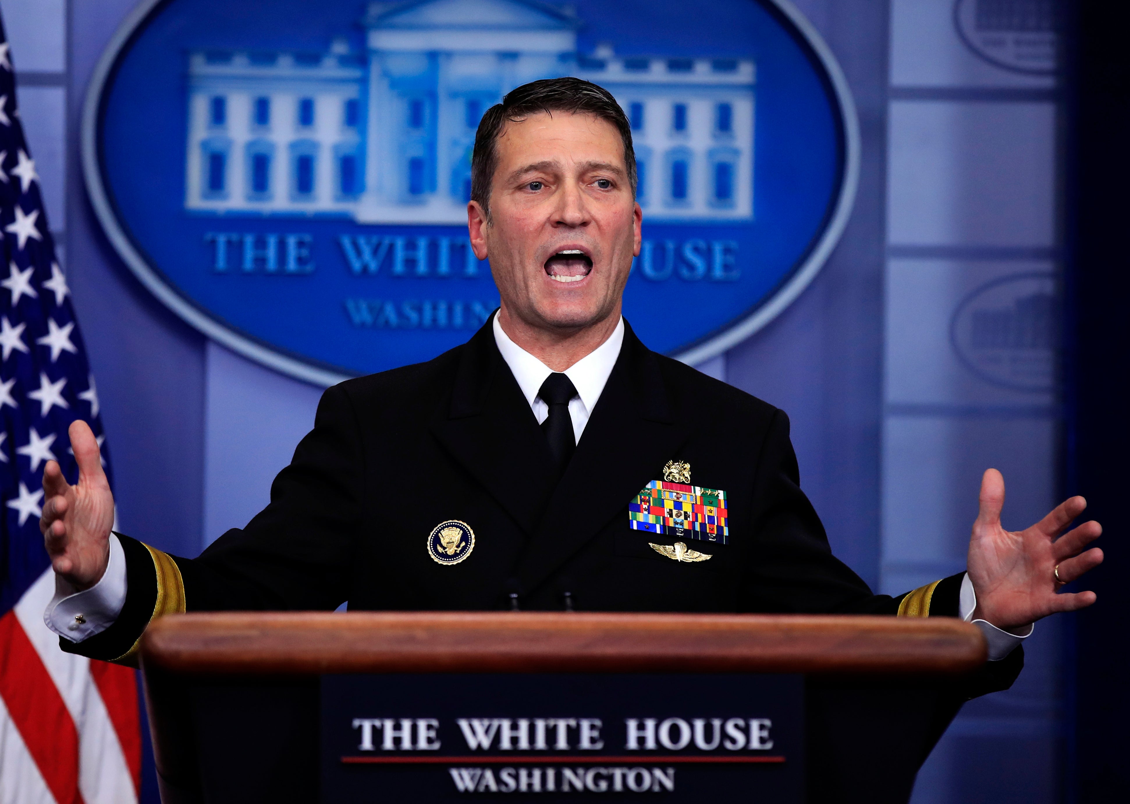 Then-White House physician Dr. Ronny Jackson speaks to reporters during the daily press briefing at the White House, in Washington in January 2018