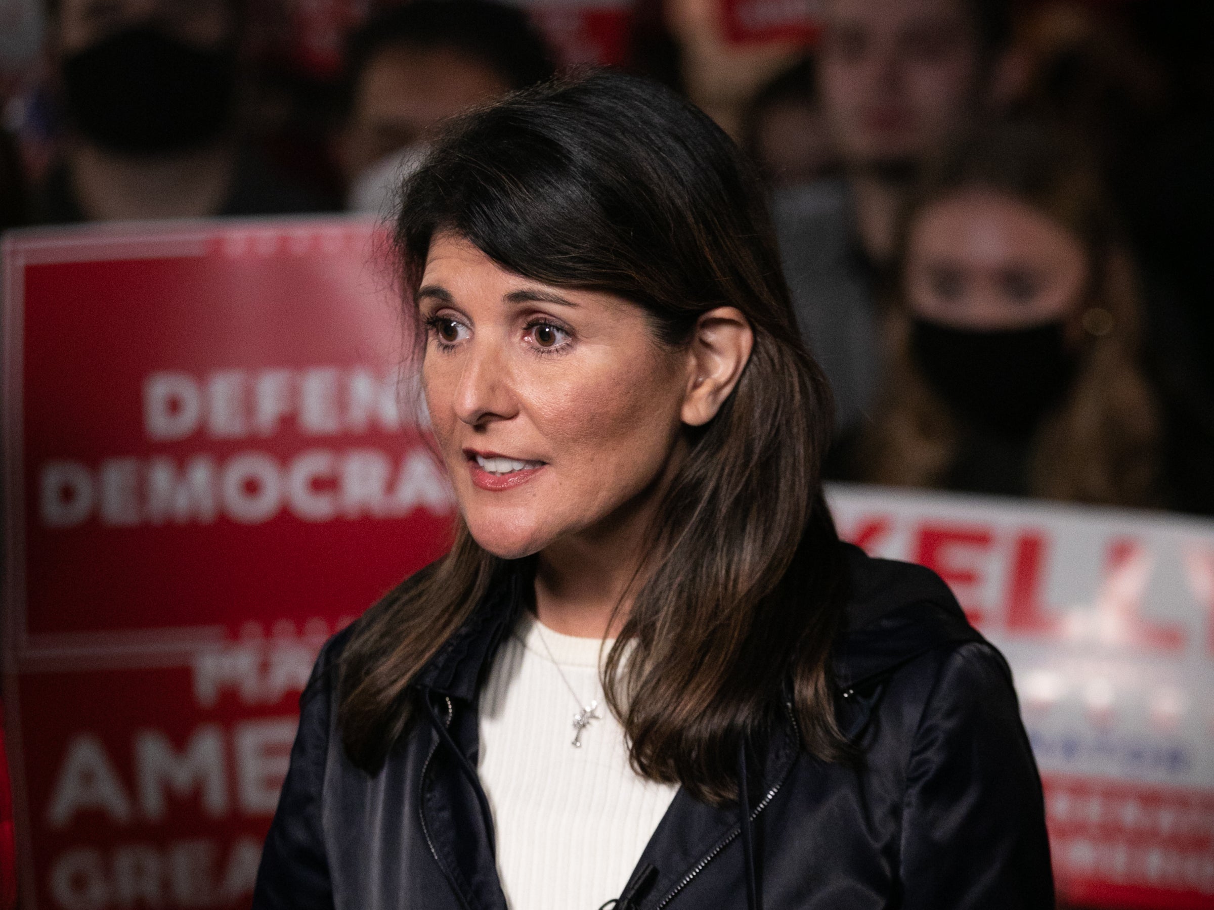 Former U.N. Ambassador Nikki Haley takes questions from the media during a rally on December 20, 2020 in Cumming, Georgia.
