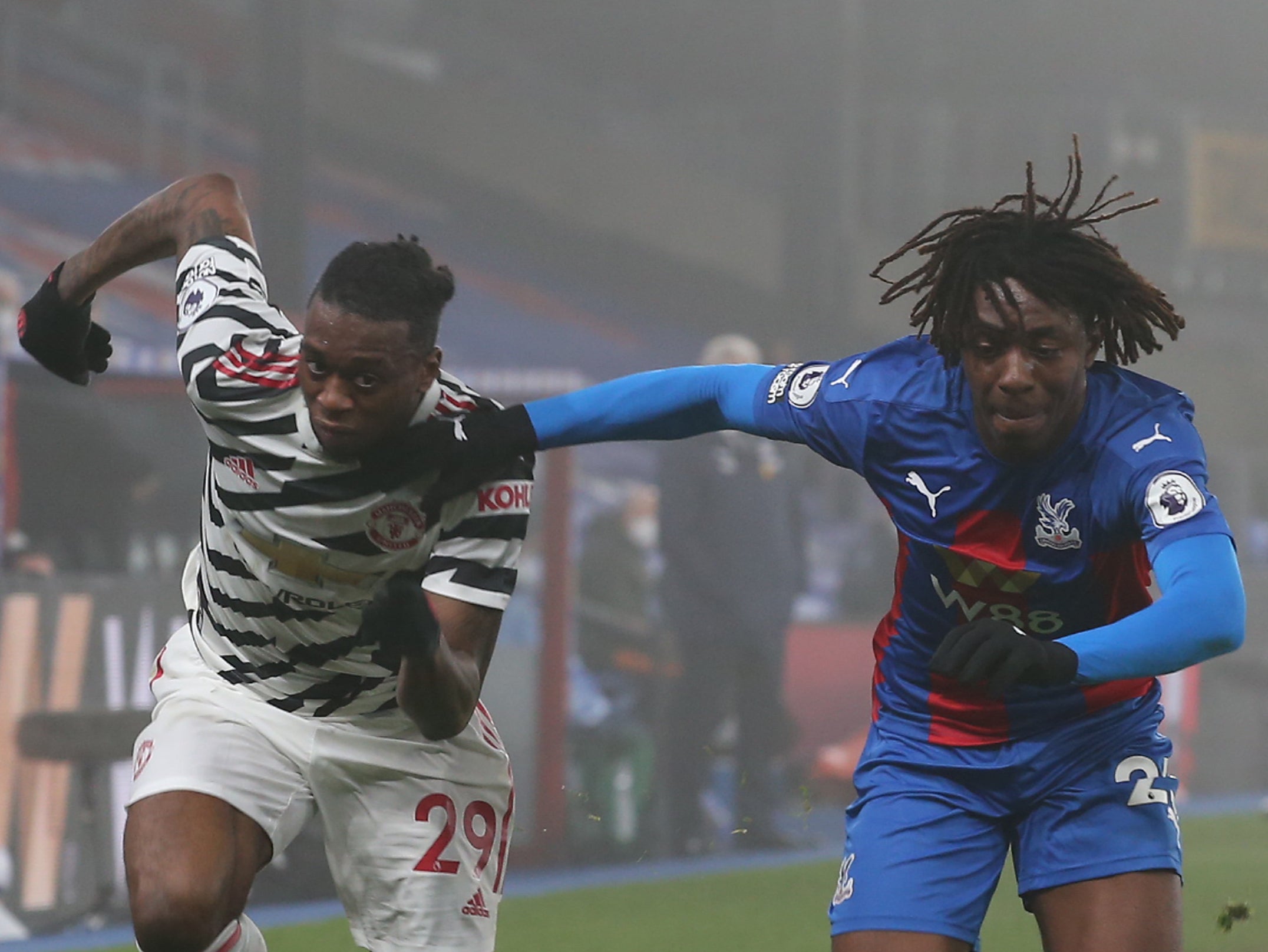 Crystal Palace’s Eberechi Eze vies for the ball with Aaron Wan-Bissaka