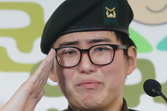 <p>File: Late Byun Hee-soo in January 2020 at a press conference in Seoul. The transgender soldier was found dead on 3 March 2021</p>