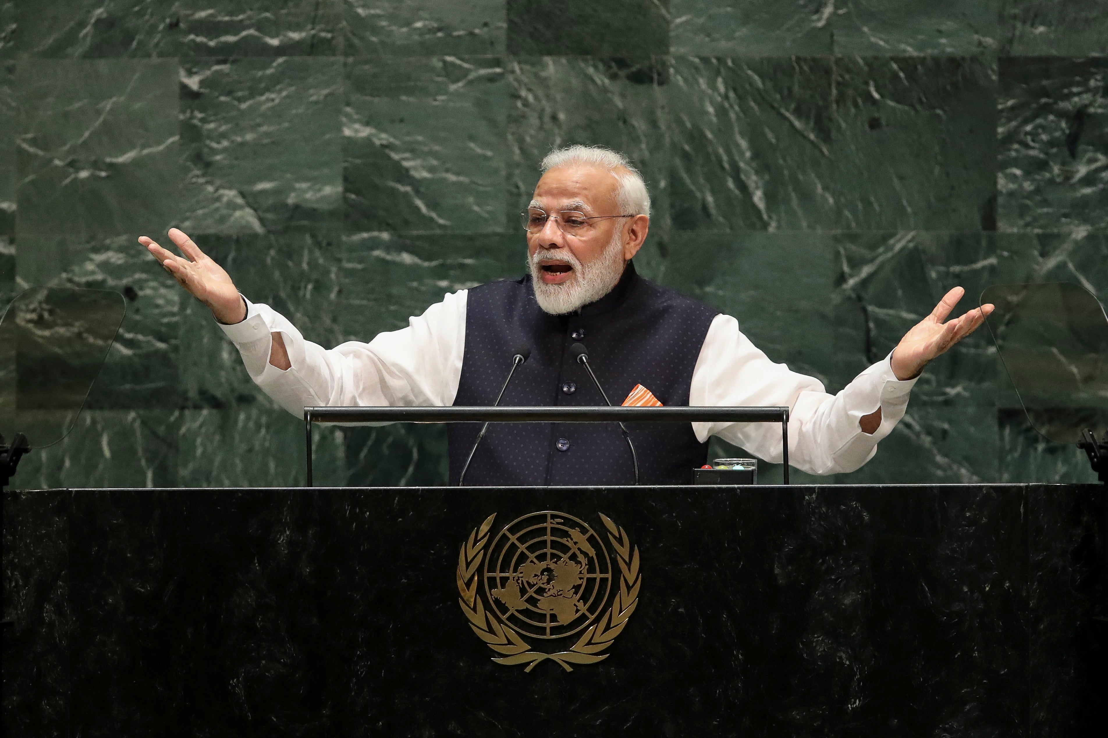 <p>File: Narendra Modi at United Nations General Assembly at UN headquarters on September 27, 2019.  Freedom House said India is partly free under Modi government </p>