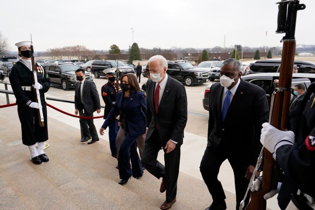 President Joe Biden and Vice President Kamala Harris and Secretary of Defense Lloyd Austin at the Pentagon on 10 February, 2021 