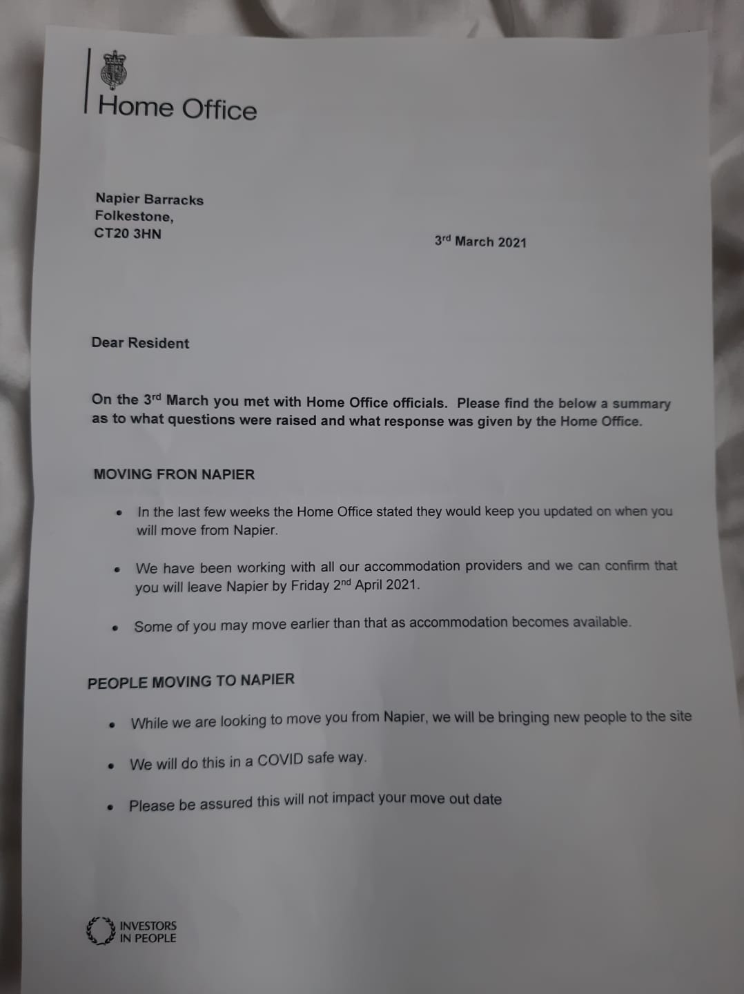 Home Office letter sent to Napier Barracks residents on Thursday