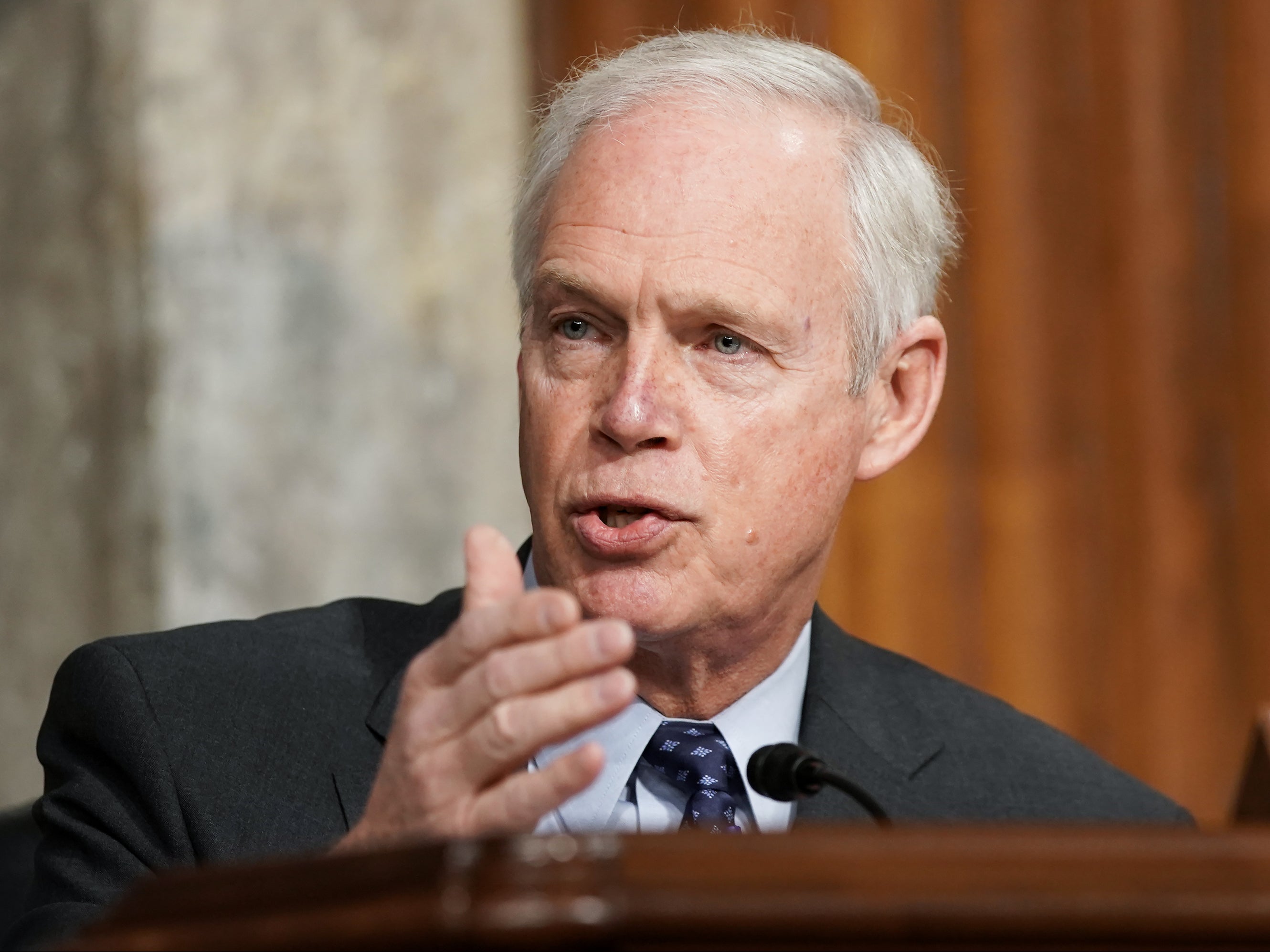 <p>Ron Johnson (R-WI) asks questions during a Senate Homeland Security and Governmental Affairs & Senate Rules and Administration joint hearing to discuss the January 6th attack on the U.S. Capitol on 3 March 2021 in Washington, DC</p>