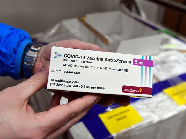A box of AstraZeneca vaccines is shown at a warehouse of Hungaropharma, a Hungarian pharmaceutical wholesale company, in Budapest, Hungary