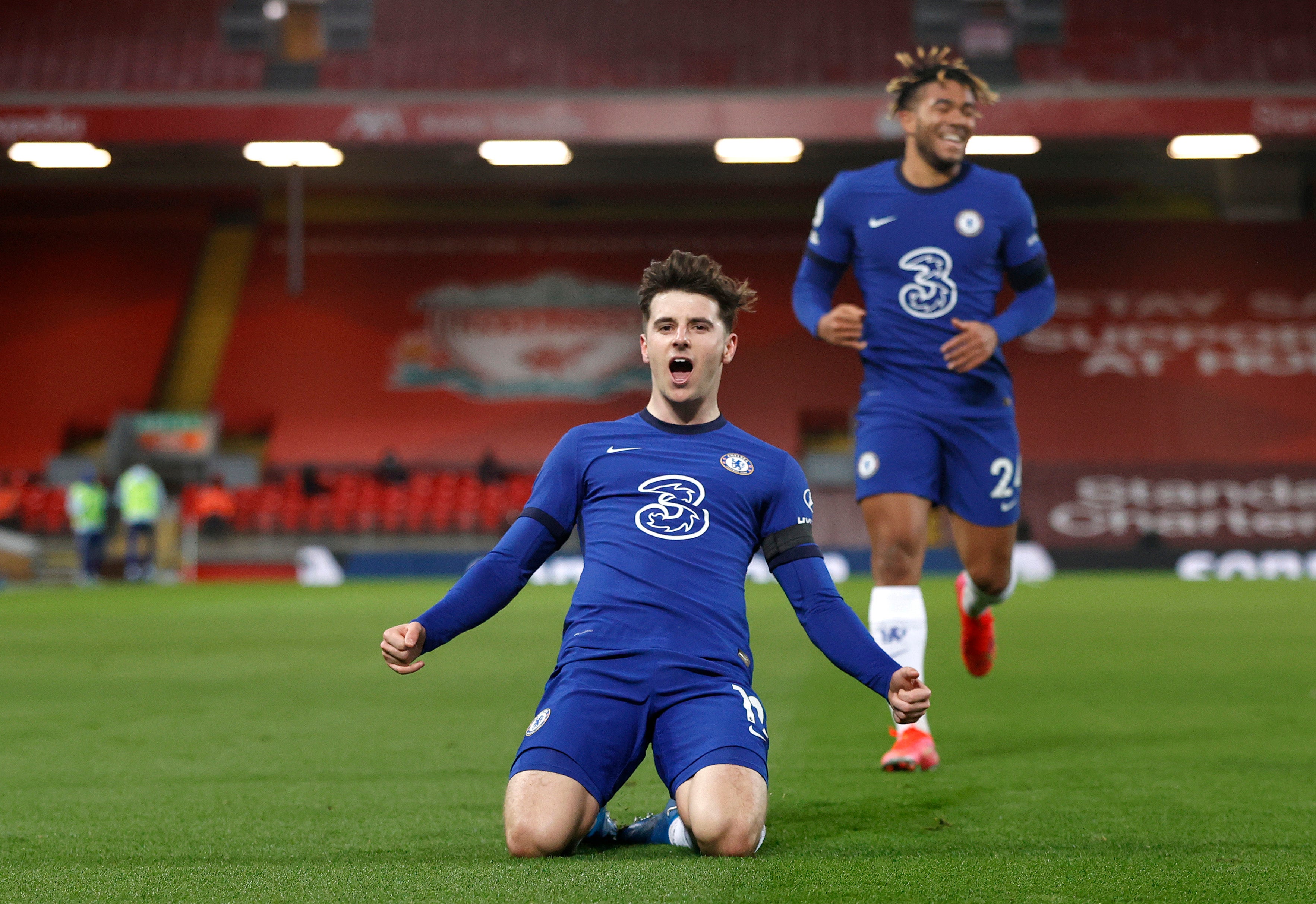 Mason Mount of Chelsea celebrates after scoring at Anfield