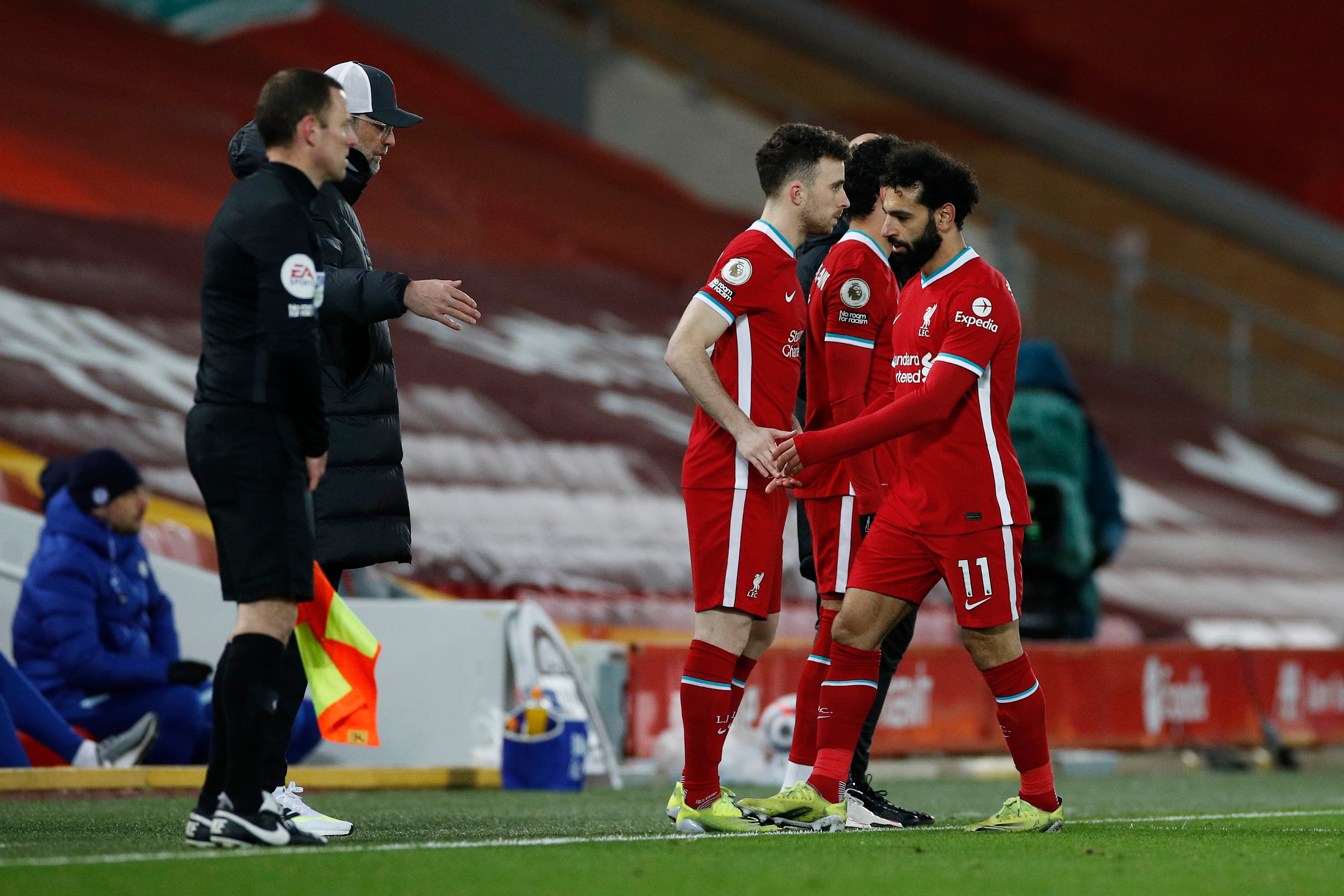 Mohamed Salah appears dejected after being substituted against Chelsea