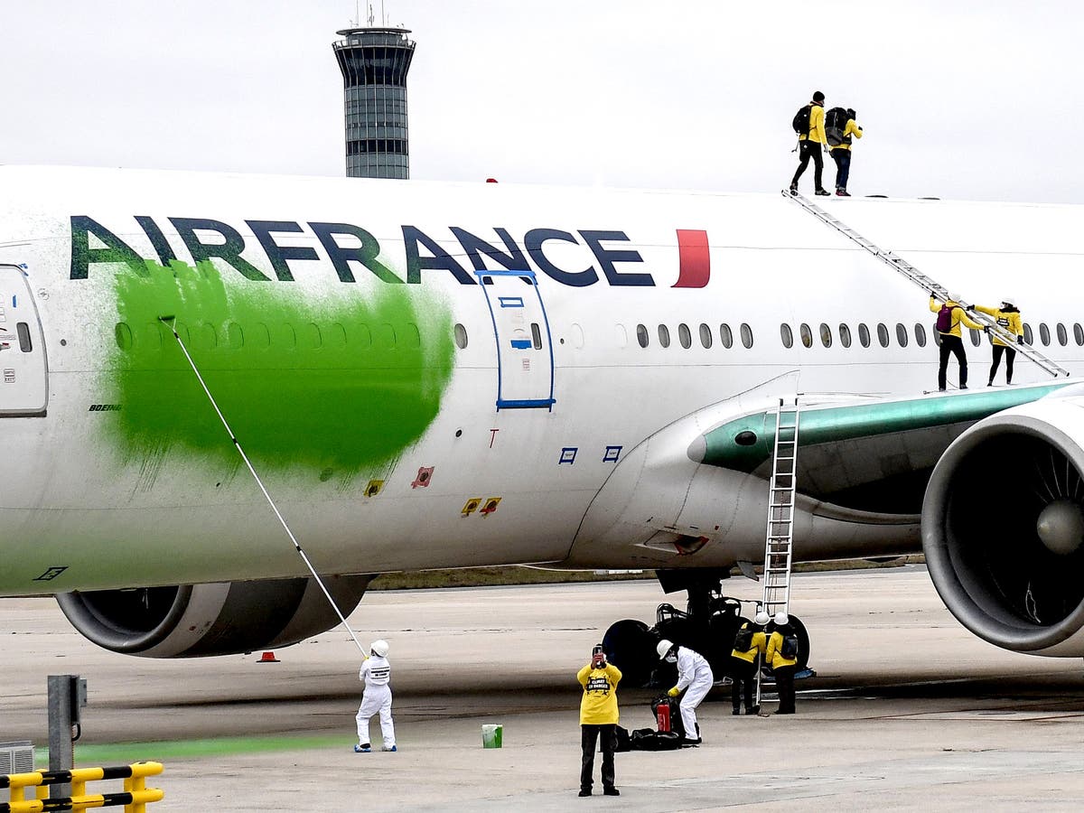 Greenpeace activists break onto runway and spray paint plane green