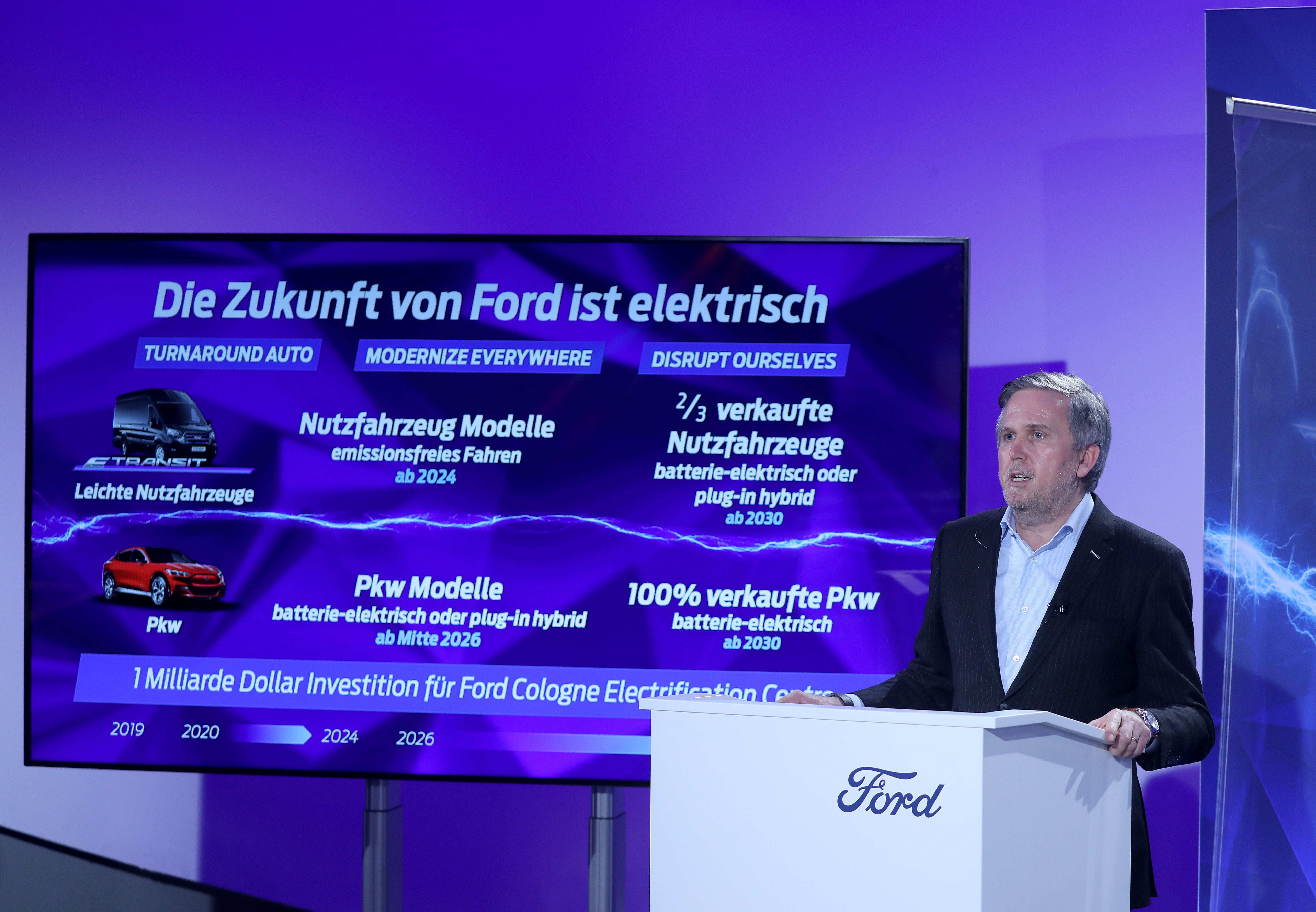 Stuart Rowley, president of Ford Europe, speaks during a press conference at car maker Ford's plant in Cologne
