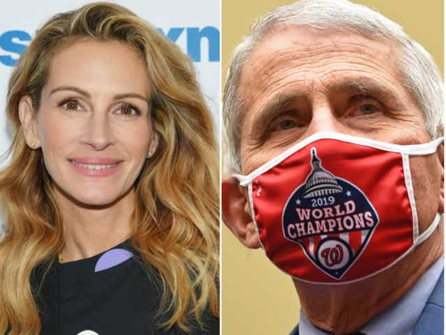 <p>Julia Roberts praises Dr Anthony Fauci’s ‘true courage’ while presenting him with amfAR award</p>