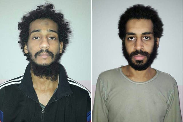 (FILES) This file photo combination of pictures created on February 11, 2018 from two handout images provided by the Syrian Democratic Forces (SDF) on February 10, 2018 shows captured British Islamic State (IS) group fighters El Shafee el-Sheikh (L) and Alexanda Kotey (R), posing for mugshots in an undisclosed location. - Two members of an Islamic State cell dubbed the "Beatles" accused of killing several Western hostages are to be brought to the United States on October 7, 2020 to face charges, a Justice Department source said. El Shafee Elsheikh and Alexanda Kotey are suspected of involvement in the murders of American journalists James Foley and Steven Sotloff and aid worker Peter Kassig during 2014-2015. They are also believed to be responsible for the murders of two Britons, Alan Henning and David Haines. (Photos by Handout / Syrian Democratic Forces / AFP) / == RESTRICTED TO EDITORIAL USE - MANDATORY CREDIT "AFP PHOTO / HO / SYRIAN DEMOCRATIC FORCES (SDF) - NO MARKETING NO ADVERTISING CAMPAIGNS - DISTRIBUTED AS A SERVICE TO CLIENTS == (Photo by HANDOUT/Syrian Democratic Forces/AFP via Getty Images)