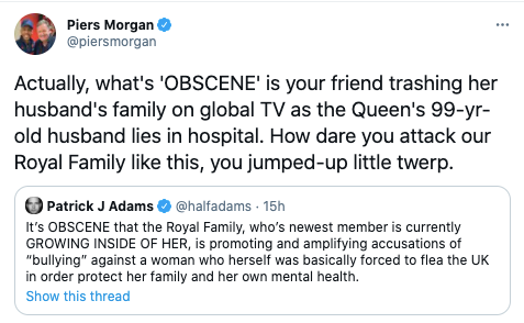 Piers Morgan angrily responded to Patrick J Adams’ defence of Meghan Markle