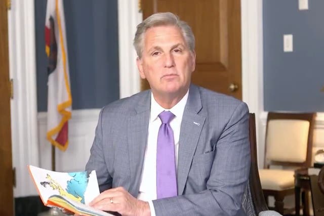 <p>House minority leader Kevin McCarthy reading Dr Seuss’ Green Eggs and Ham.</p>