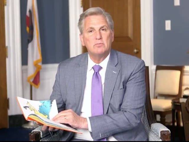 <p>House minority leader Kevin McCarthy reading Dr Seuss’ Green Eggs and Ham.</p>