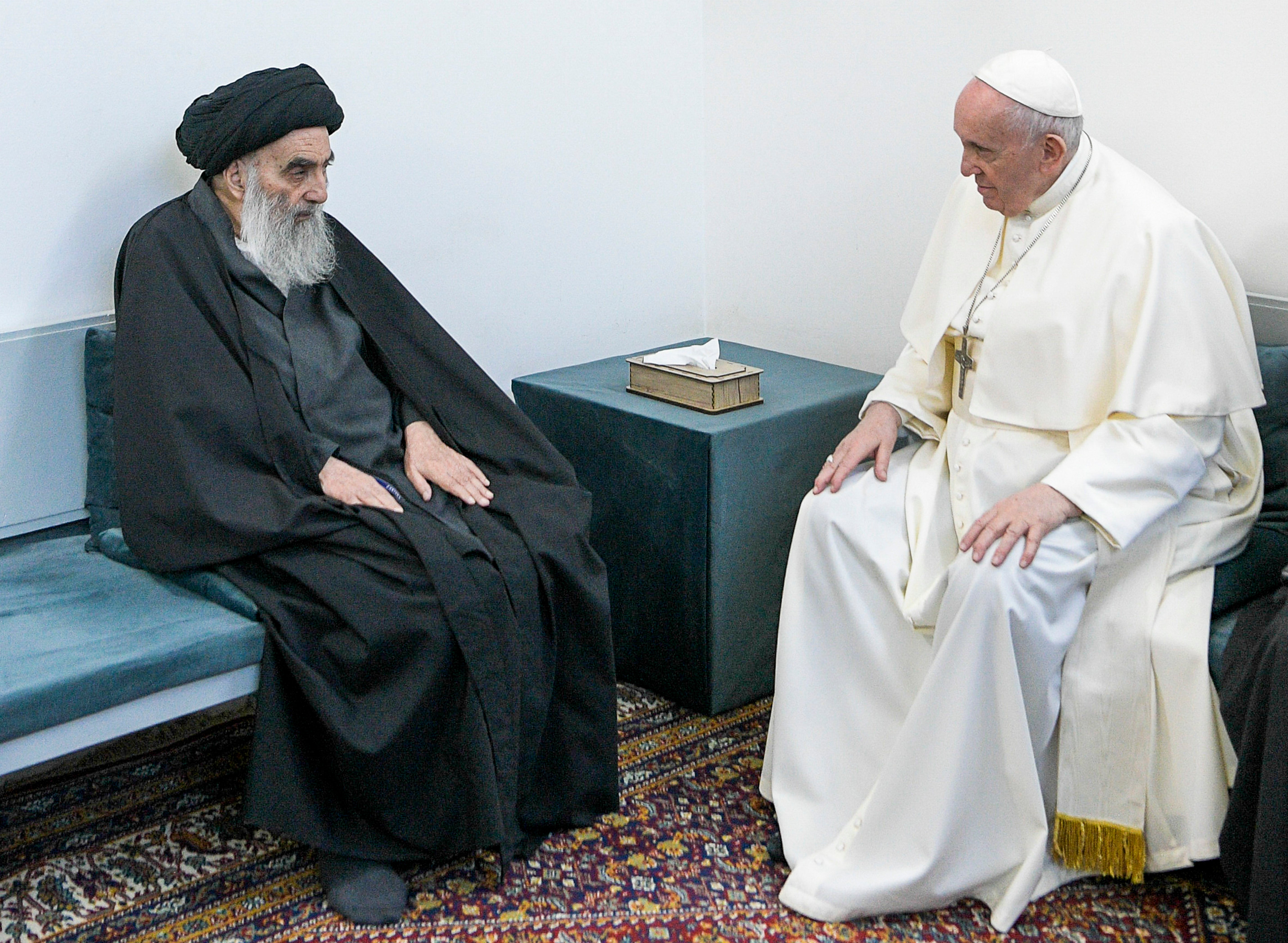 Pope Francis, right, meets with Iraq's leading Shiite cleric, Grand Ayatollah Ali al-Sistani in Najaf, Iraq, on Saturday