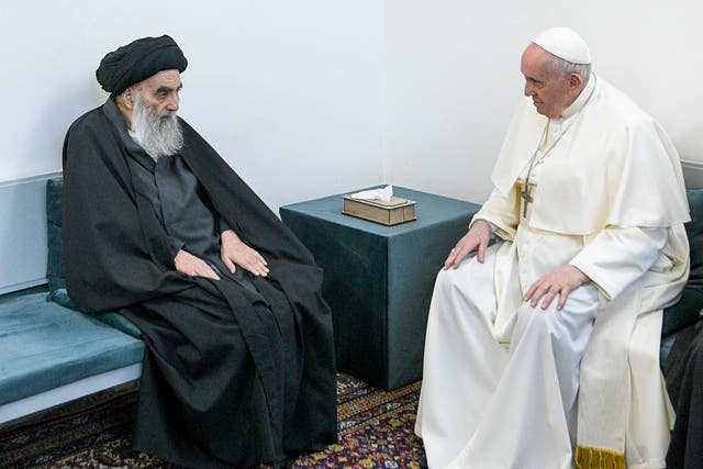 <p>Pope Francis, right, meets with Iraq's leading Shiite cleric, Grand Ayatollah Ali al-Sistani in Najaf, Iraq, on Saturday</p>