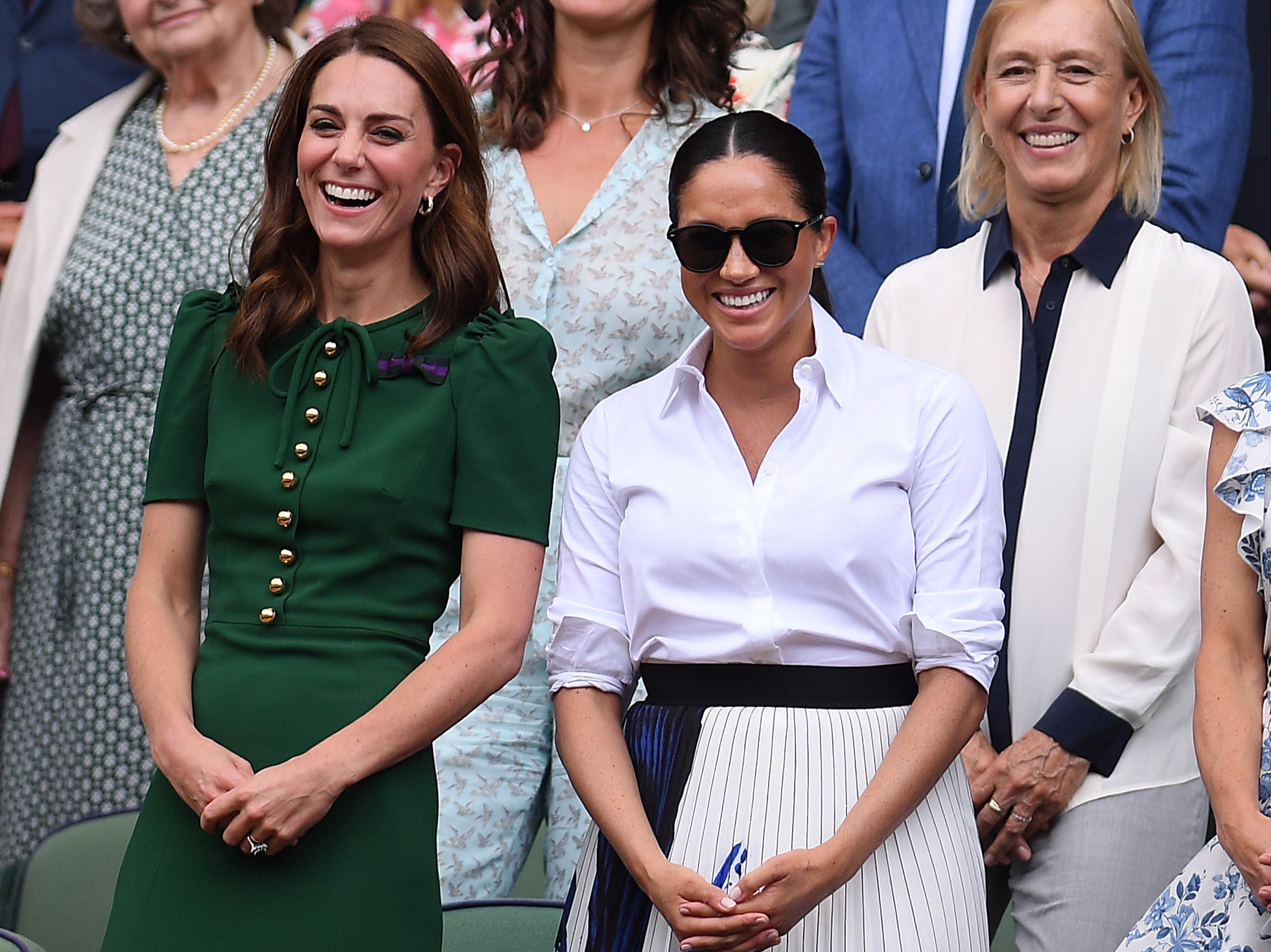 <p>Catherine, Duchess of Cambridge, Meghan, Duchess of Sussex and Pippa Middleton react in the Royal Box after the Ladies’ Singles final against during Day twelve of The Championships - Wimbledon 2019 at All England Lawn Tennis and Croquet Club on 13 July 2019 in London, England</p>