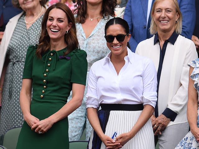 <p>Catherine, Duchess of Cambridge, Meghan, Duchess of Sussex and Pippa Middleton react in the Royal Box after the Ladies’ Singles final against during Day twelve of The Championships - Wimbledon 2019 at All England Lawn Tennis and Croquet Club on 13 July 2019 in London, England</p>